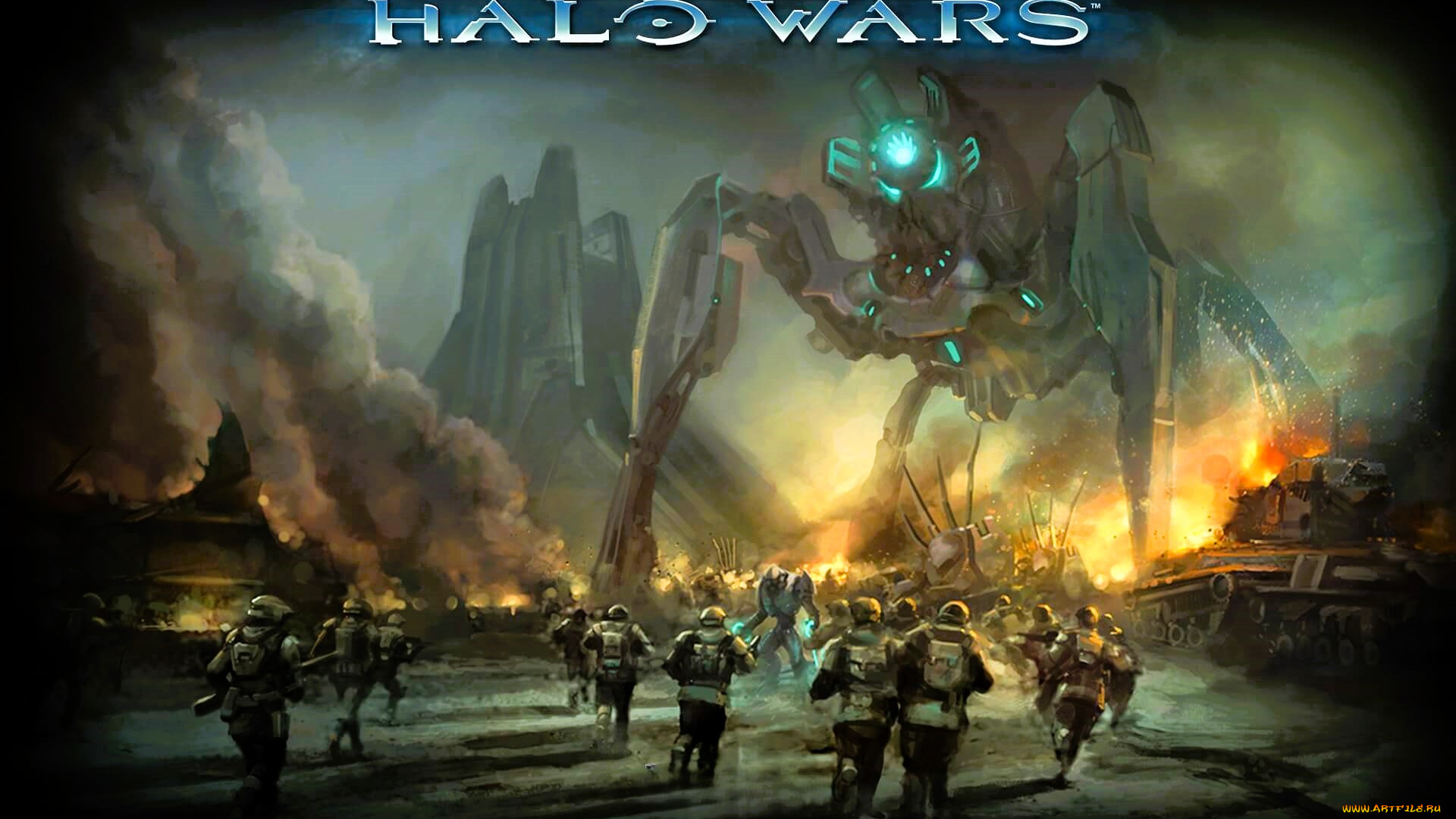 видео, игры, halo, wars, война, солдаты, армии, роботы, дым, огонь, техника, скалы