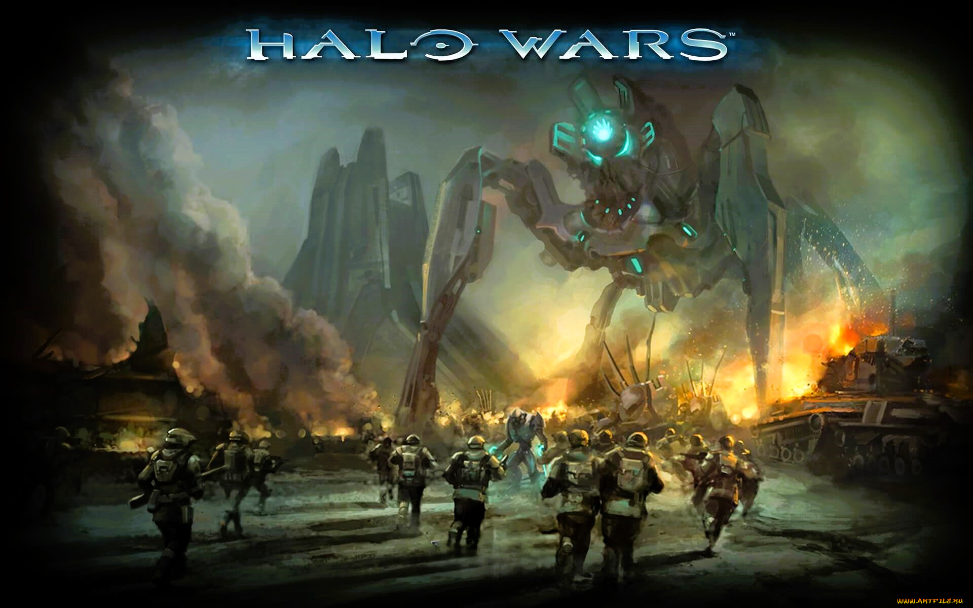 видео, игры, halo, wars, война, солдаты, армии, роботы, дым, огонь, техника, скалы