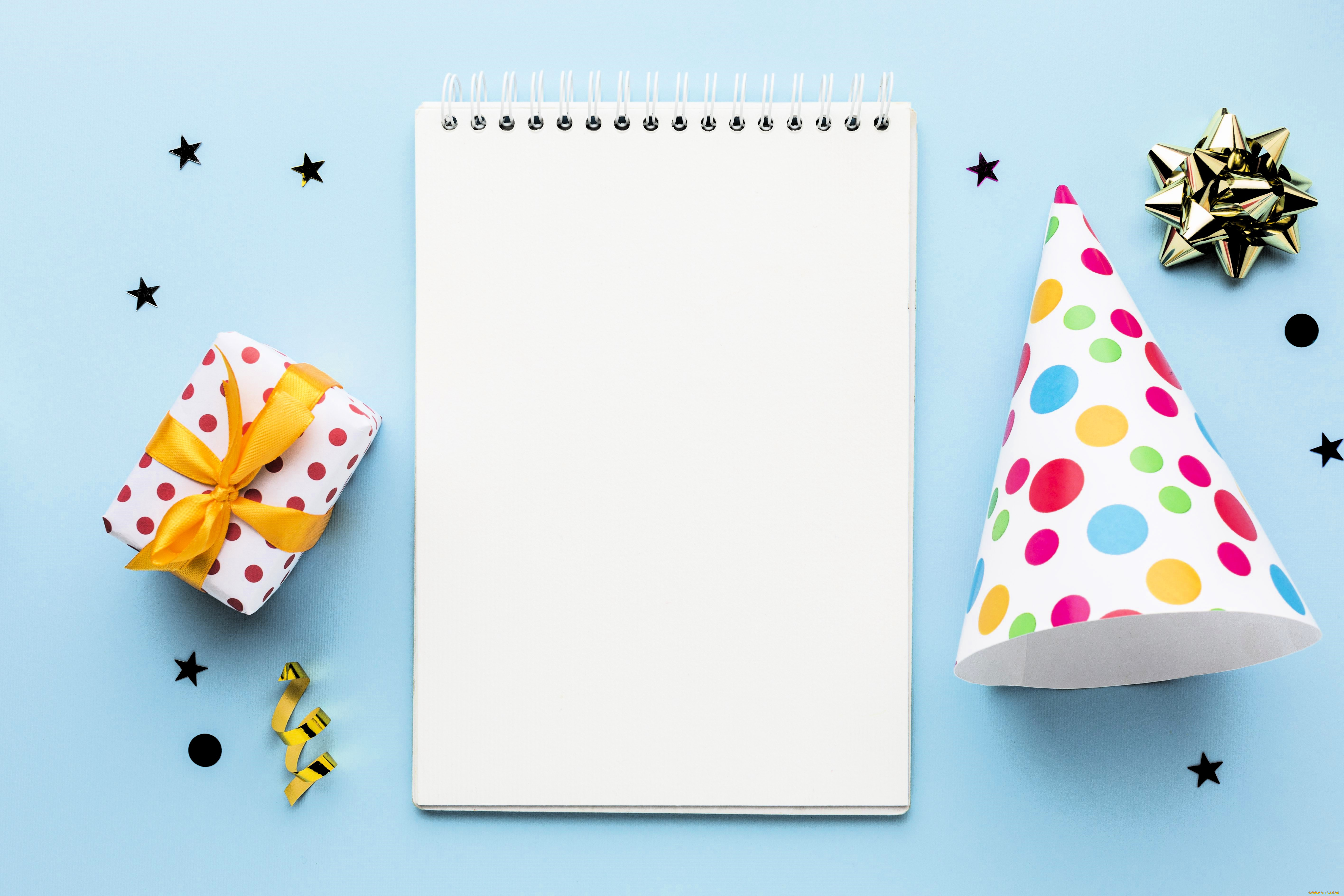 праздничные, день, рождения, звездочки, подарок, блокнот, колпак