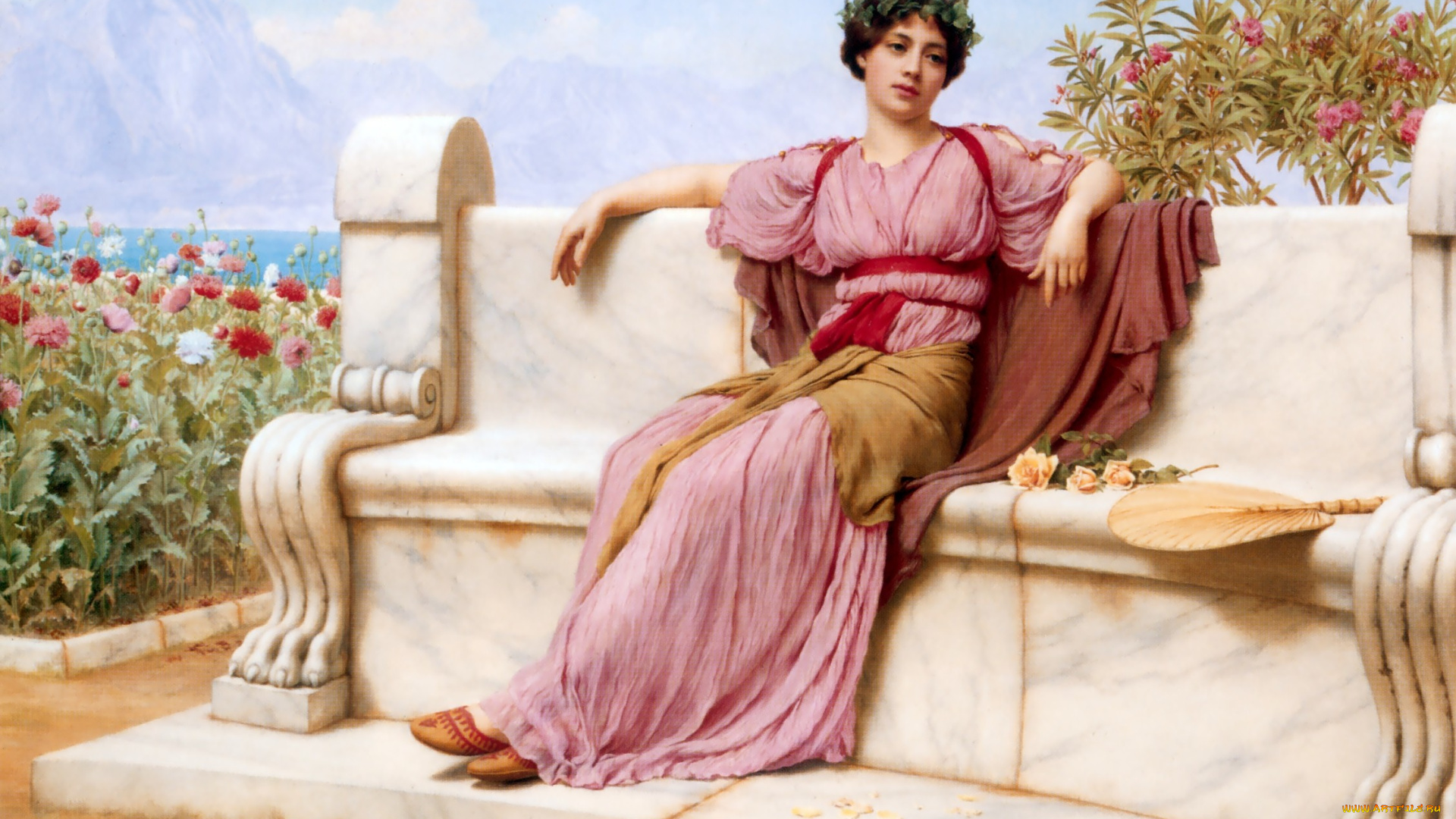 джон, вильям, годвард, рисованные, john, william, godward, девушка, туника, веер, розы