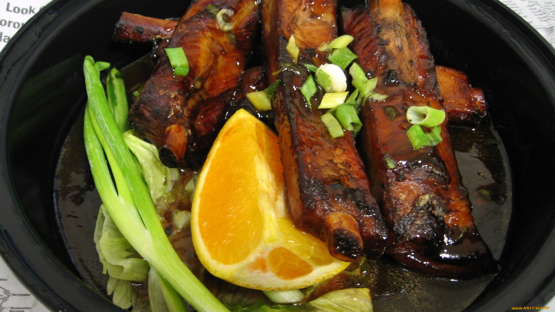 еда, мясные, блюда, лимон, лук, мясо, ребрышки, соус