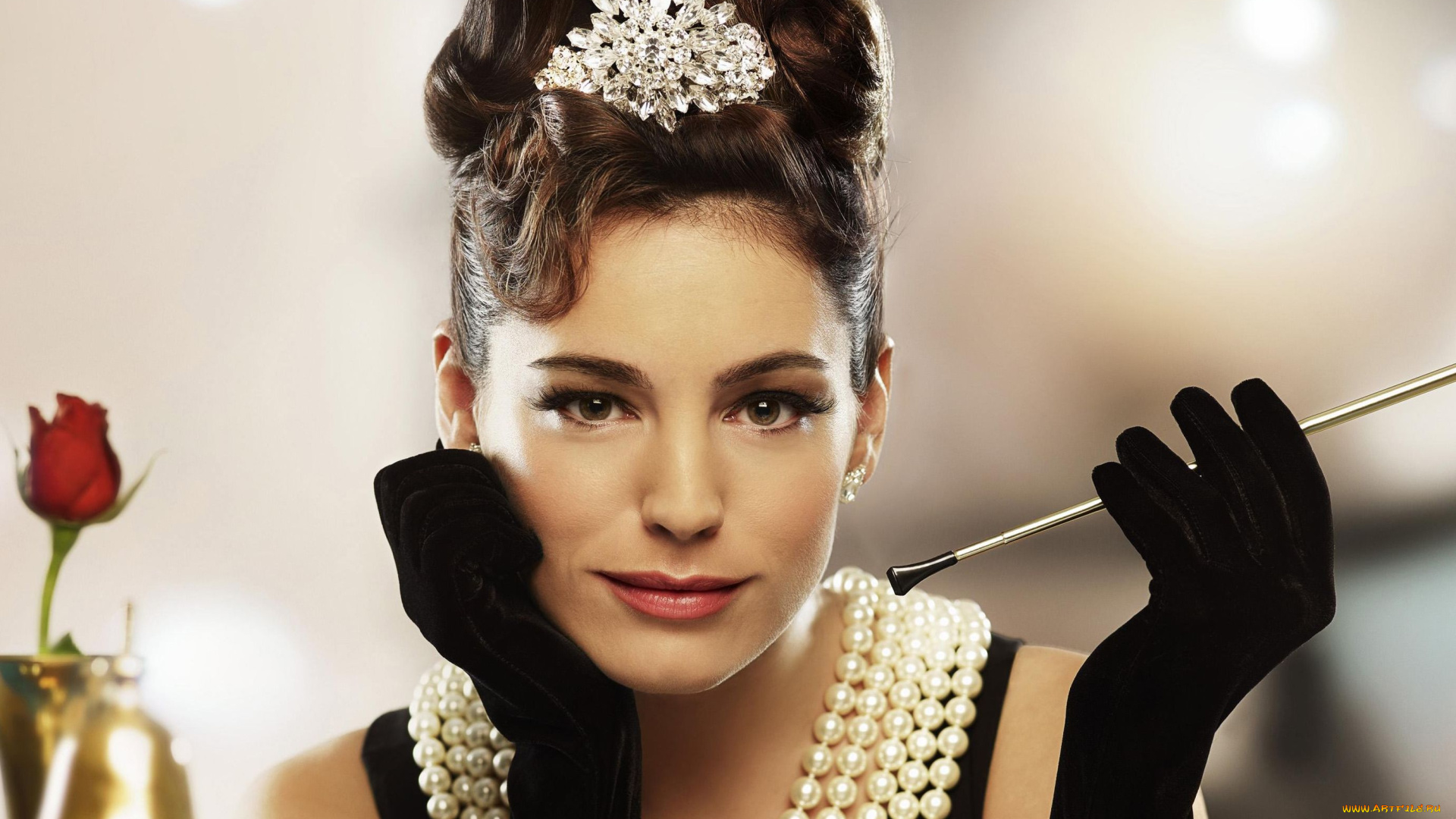 Kelly, Brook, девушки, , , диадема, ожерелье, жемчуг, мундштук, перчатки, прическа