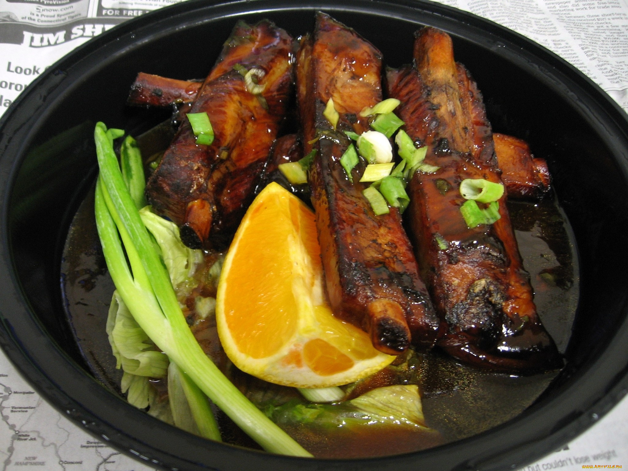 еда, мясные, блюда, лимон, лук, мясо, ребрышки, соус