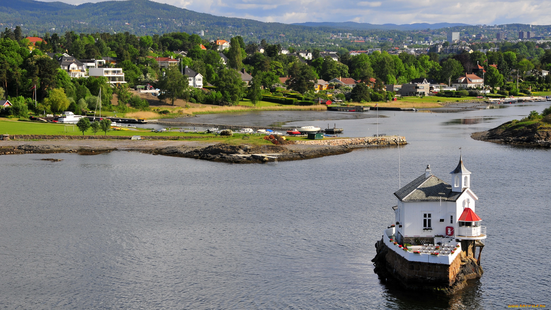 норвегия, осло, города, река, дома, причалы, берег, деревья