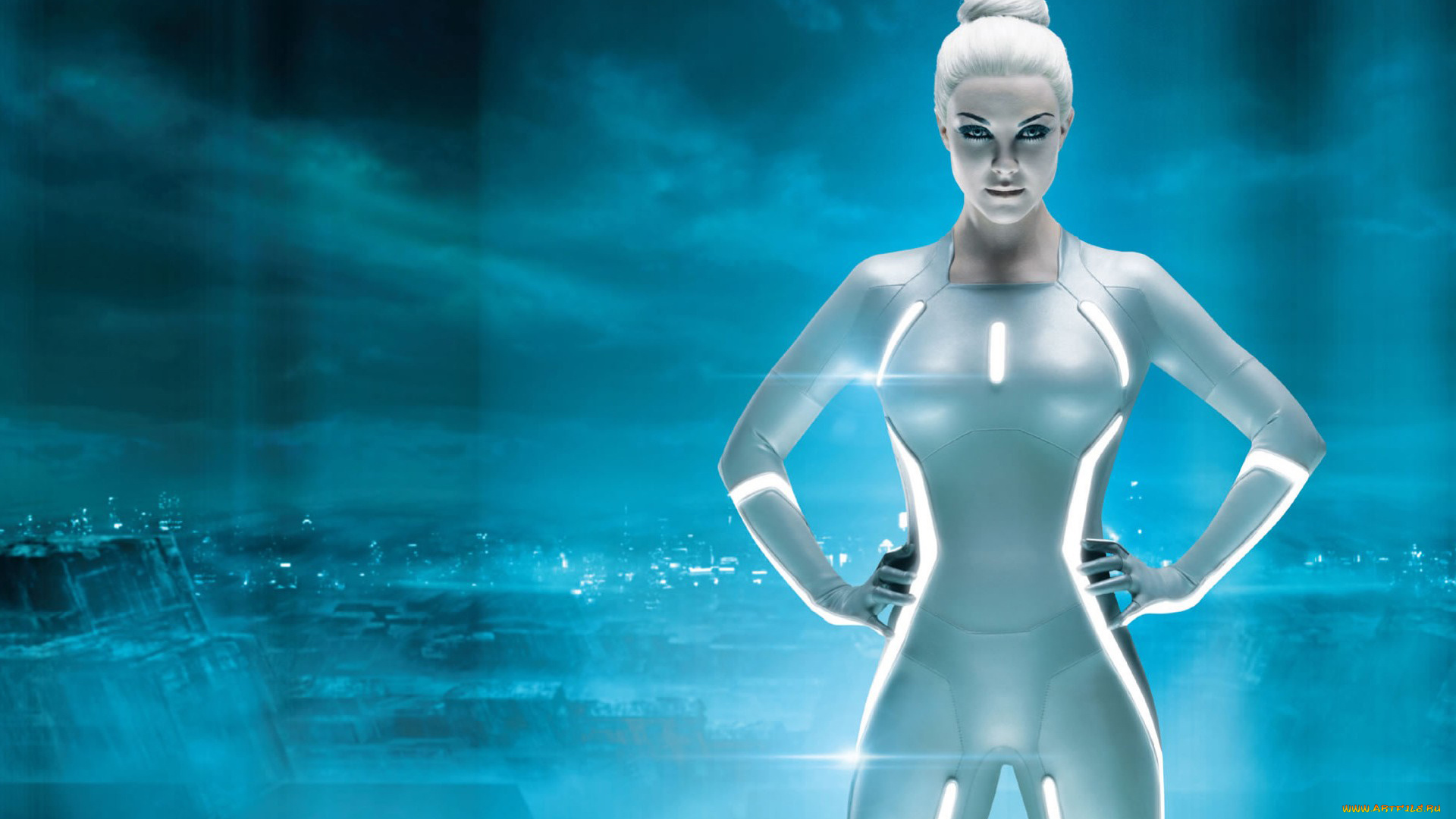 трон, кино, фильмы, tron, legacy, девушка, синий, фон, наследие