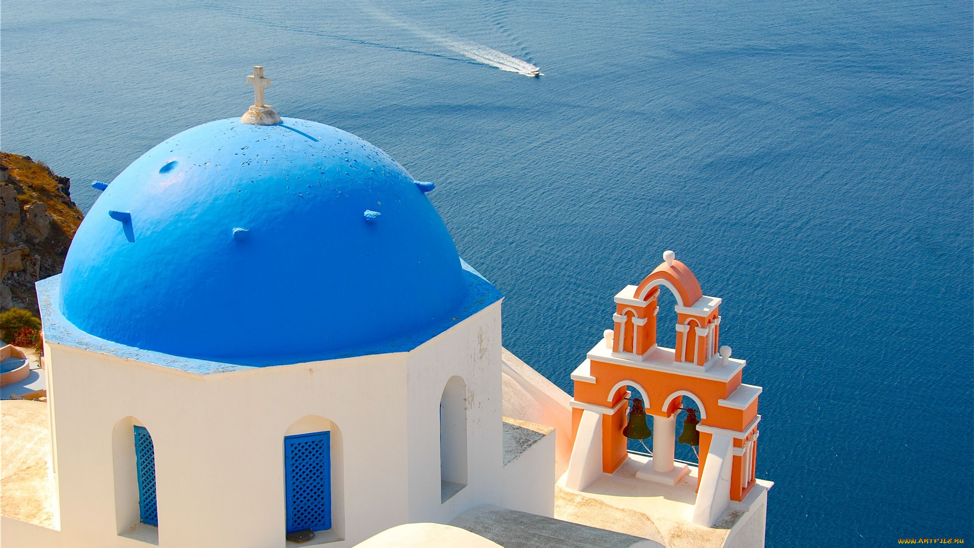 oia, santorini, greece, города, санторини, греция, водная, гладь, колокола, купол, ия, эгейское, море, церковь