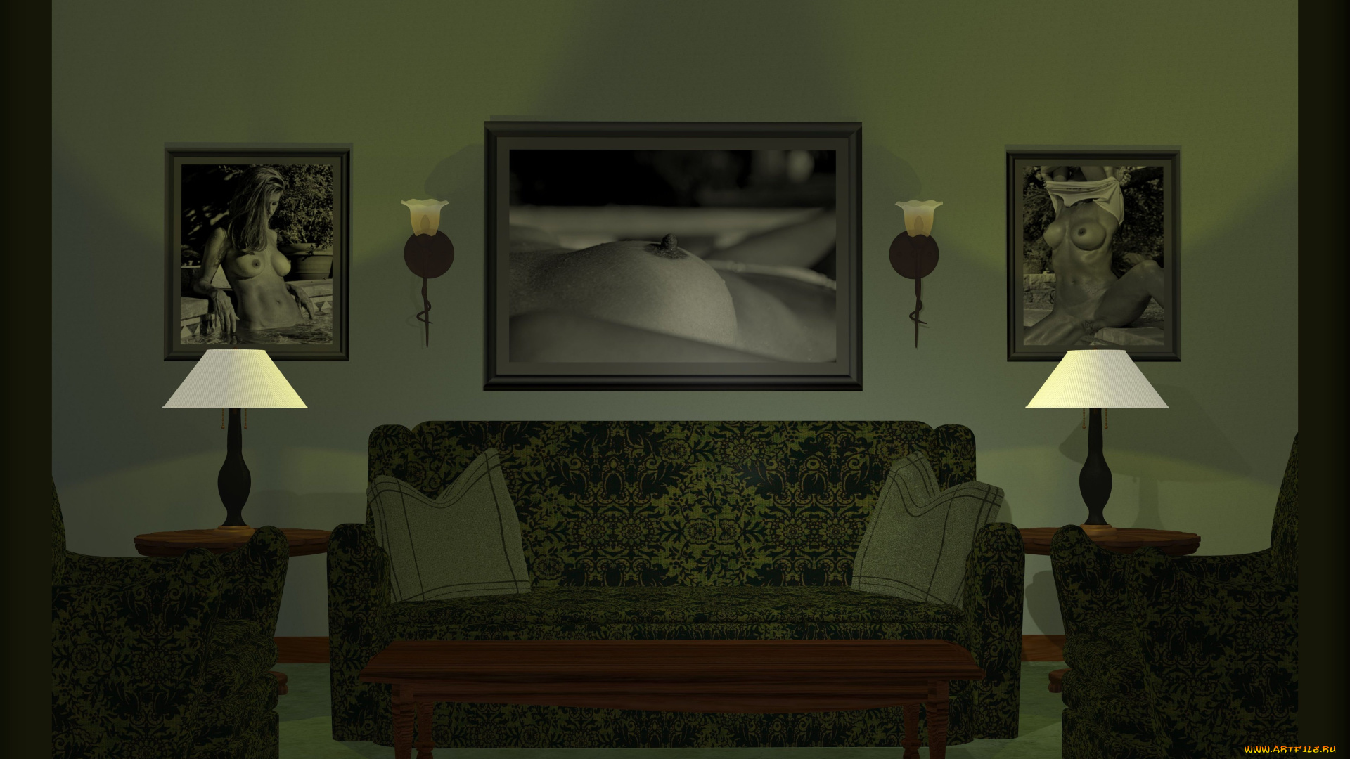 3д, графика, реализм, , realism, картины, диван, светильники