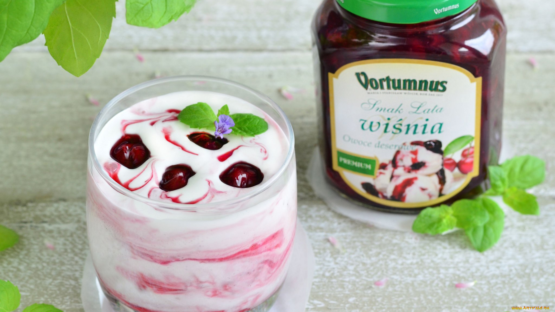 еда, мороженое, , десерты, листики, йогурт, десерт, джем