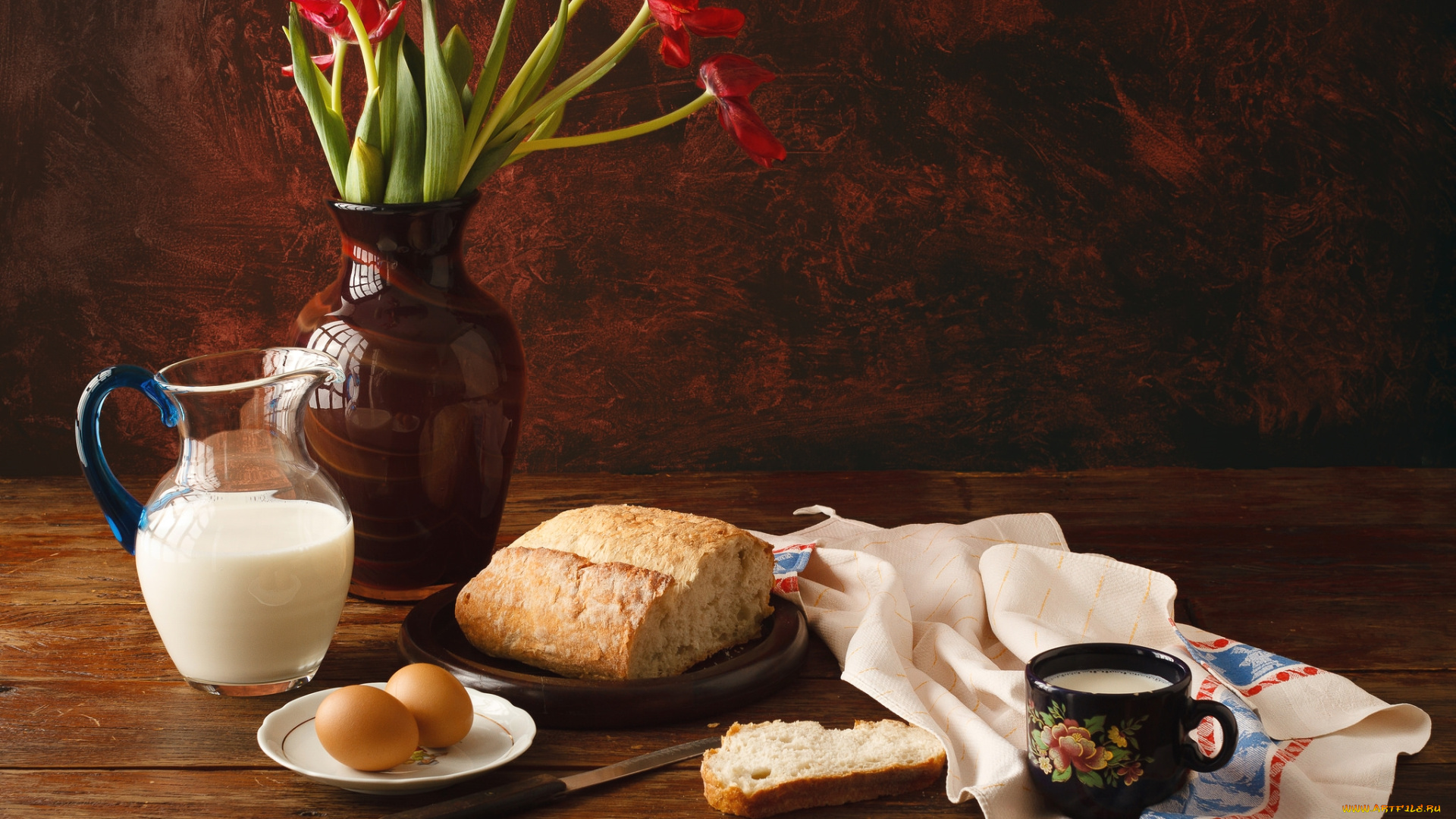 еда, натюрморт, тюльпаны, молоко, хлеб, яйца