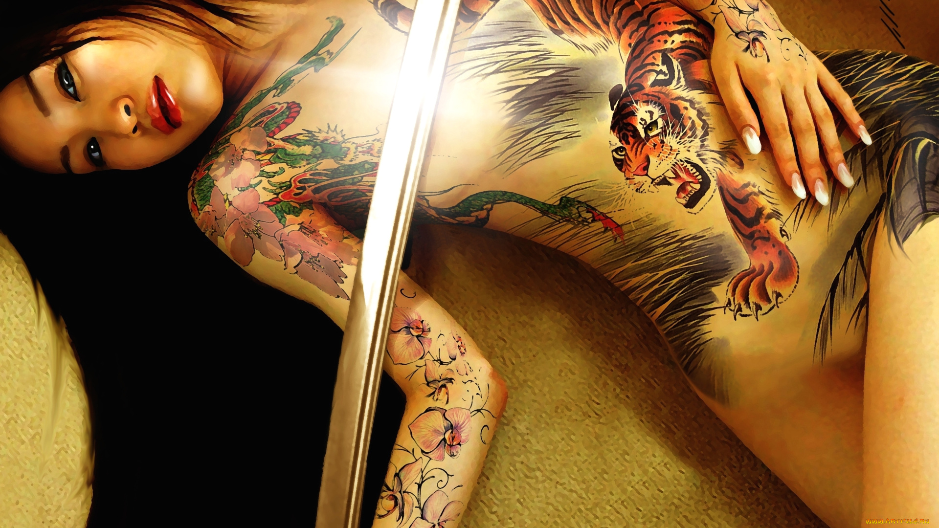 фэнтези, девушки, меч, тигр, тату