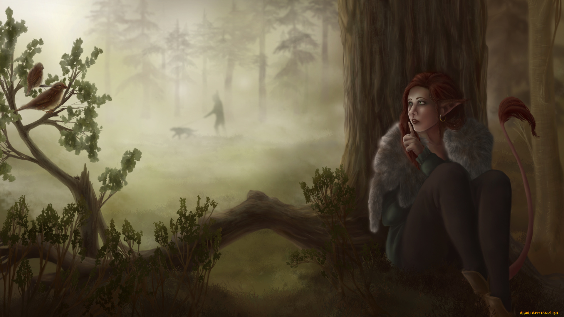 фэнтези, эльфы, лес, девушка, эльф, охотник, дерево, птицы