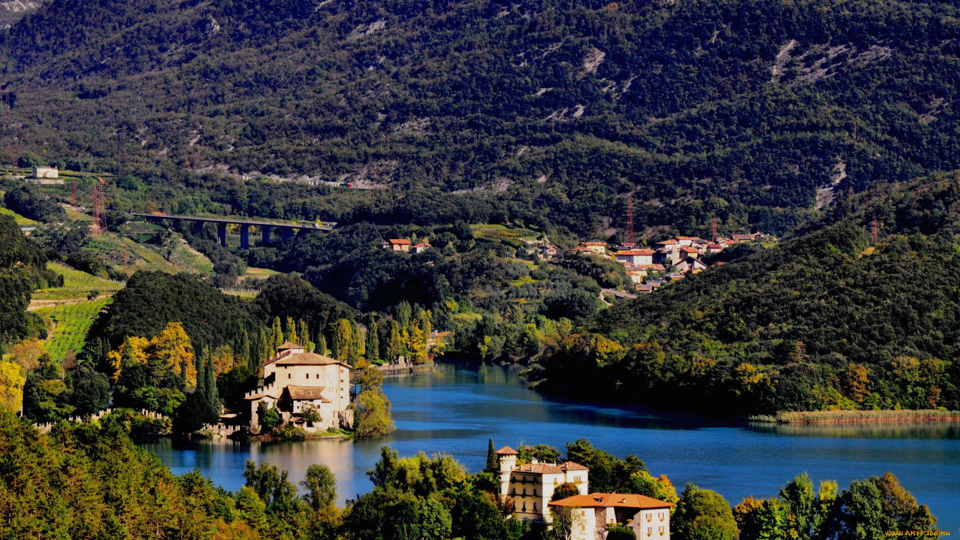 калавино, италия, города, -, пейзажи, италия, калавино, деревья, озеро, дома, пейзаж