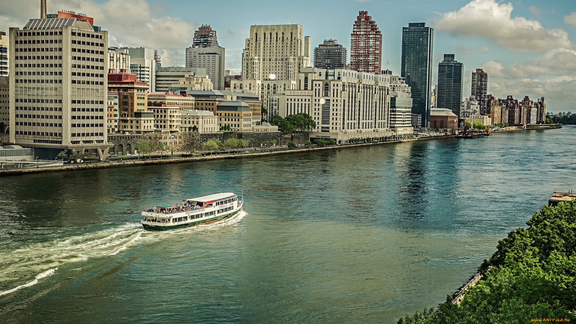 manhattan, , new, york, city, города, нью-йорк, , сша, река, гудзон, нью-йорк, манхэттен, hudson, river, new, york, city, теплоход, здания, небоскрёбы, набережная