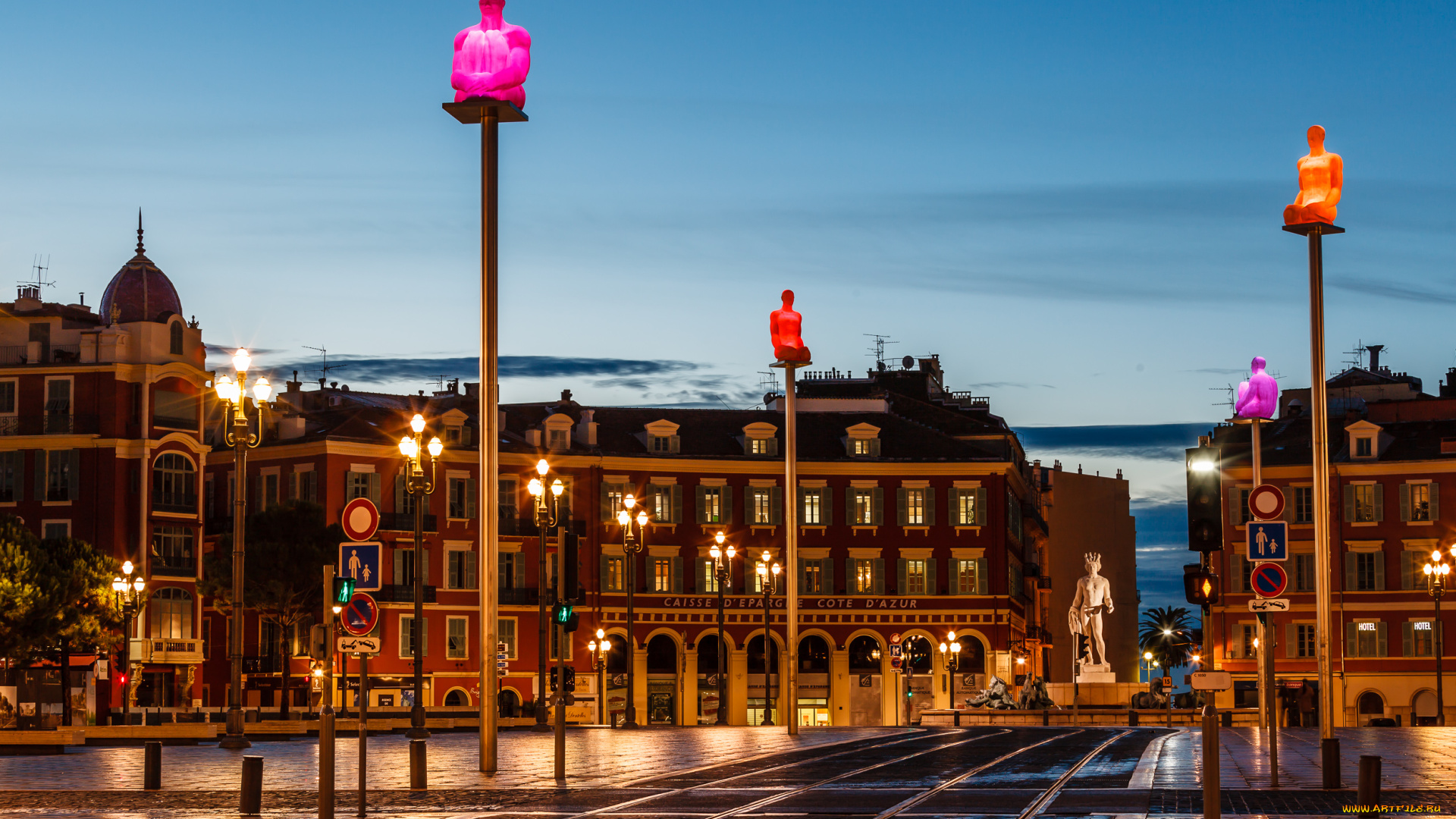 massena, square, , nice, , france, города, ницца, , франция, памятник, статуя, ночной, город, фонари, здания, скульптуры, nice, massena, square, ницца, france, площадь, массена