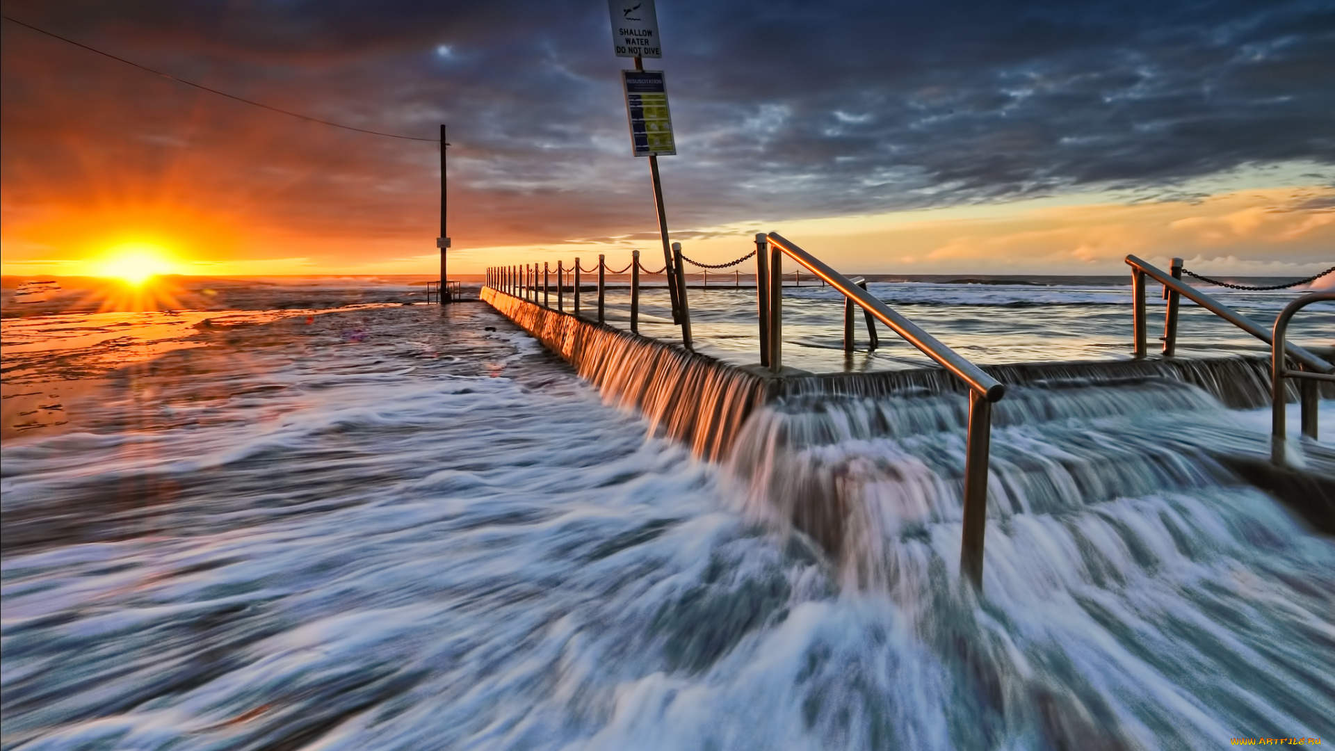 природа, восходы, закаты, волны, солнце, тучи, перила, мол, океан