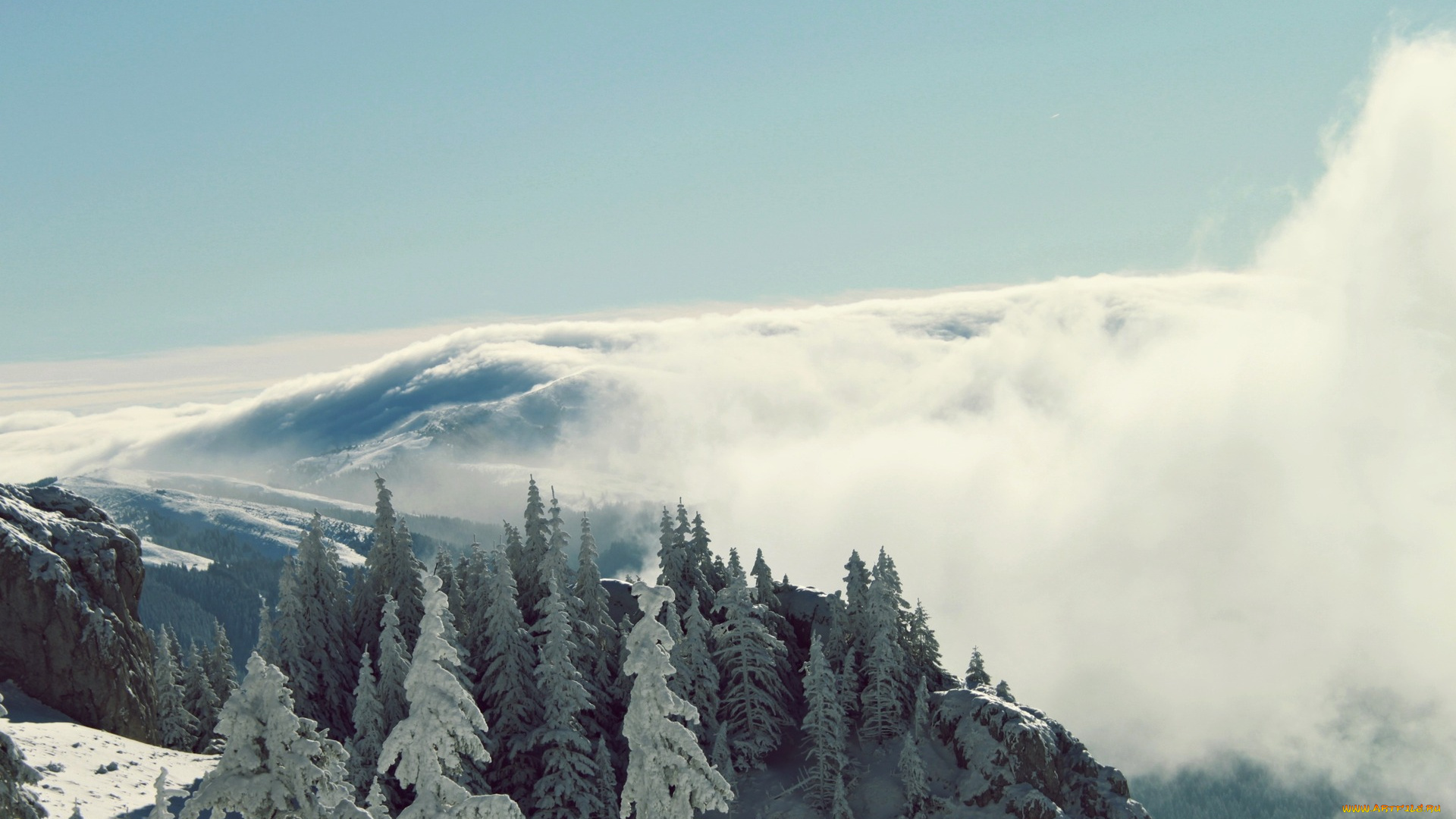 природа, зима, туман, лес, деревья, горы, снег, облако