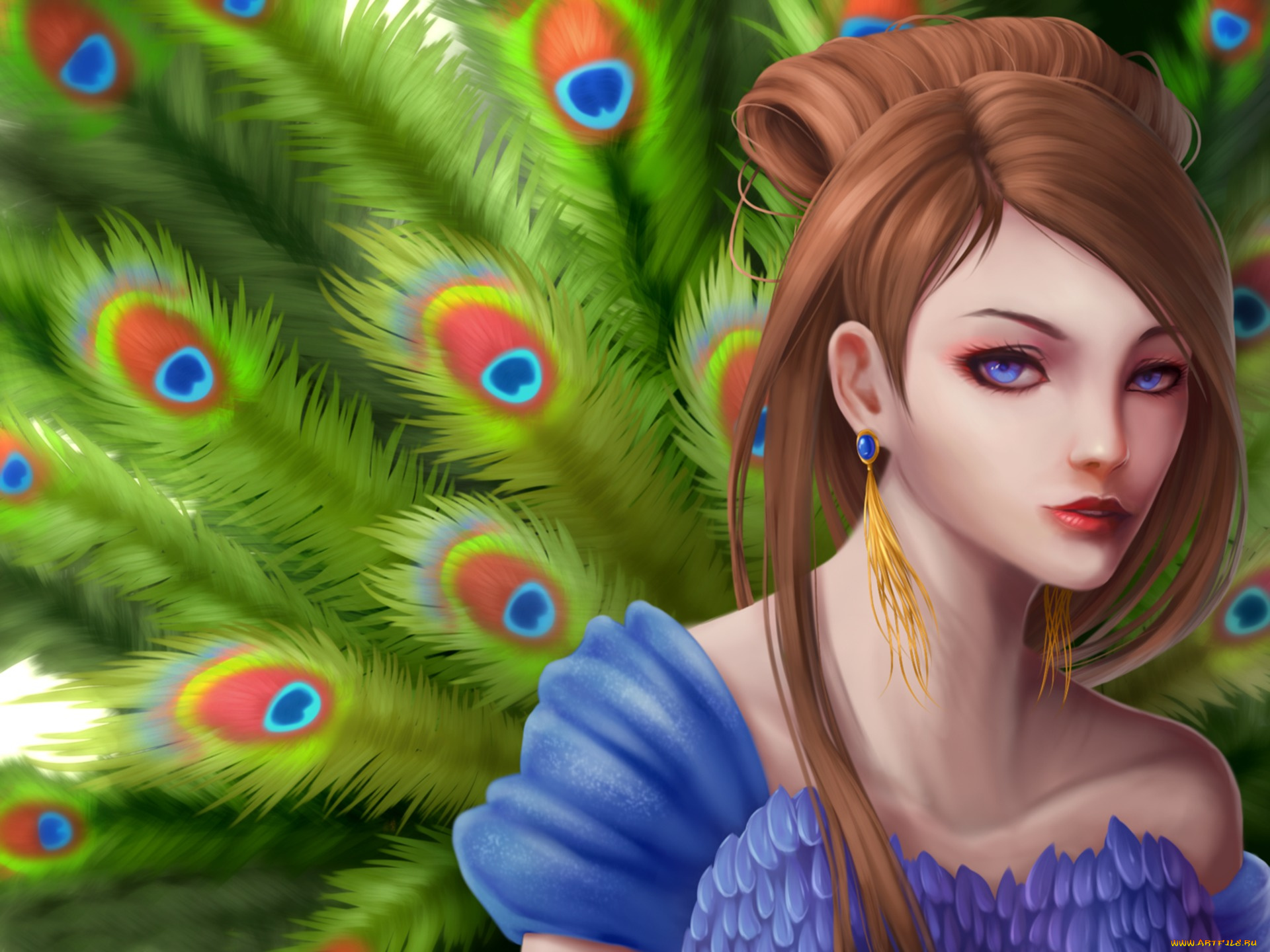 рисованные, люди, девушка, перья