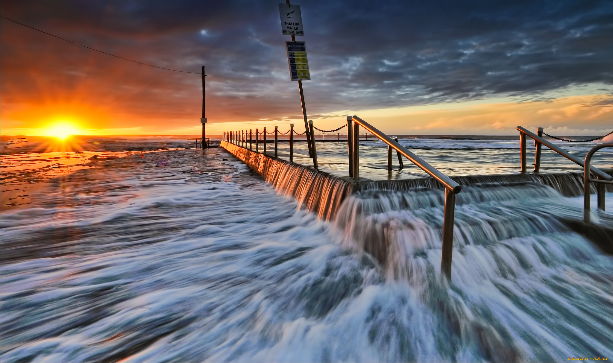природа, восходы, закаты, волны, солнце, тучи, перила, мол, океан