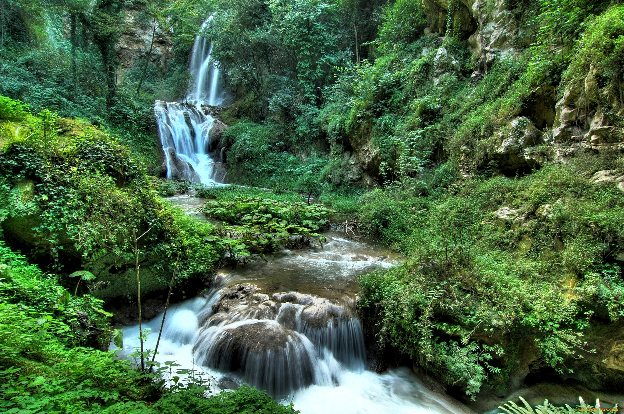 природа, водопады, водопад, река, лес