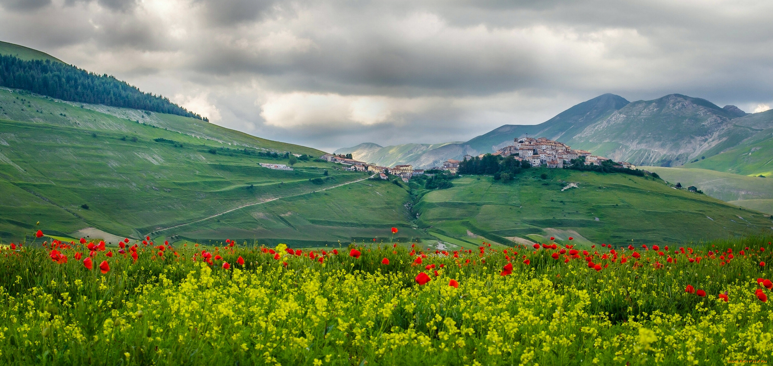 castelluccio, , umbria, , italy, города, -, панорамы, umbria, italy, apennine, mountains, кастелуччо, умбрия, италия, апеннинские, горы, деревня, луг, поля, цветы, панорама, пейзаж