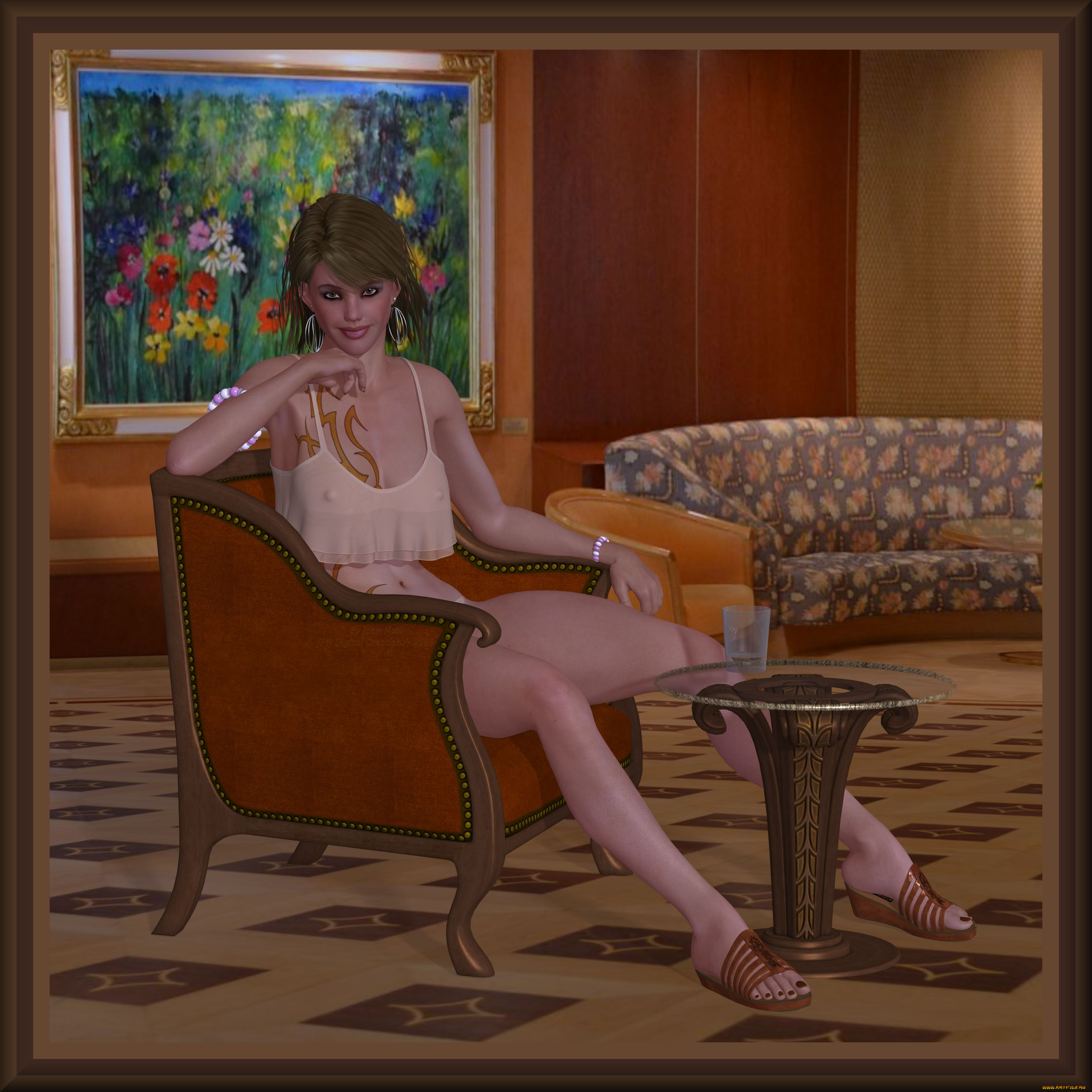 3д, графика, люди, , people, девушка, кресло, комната, взгляд