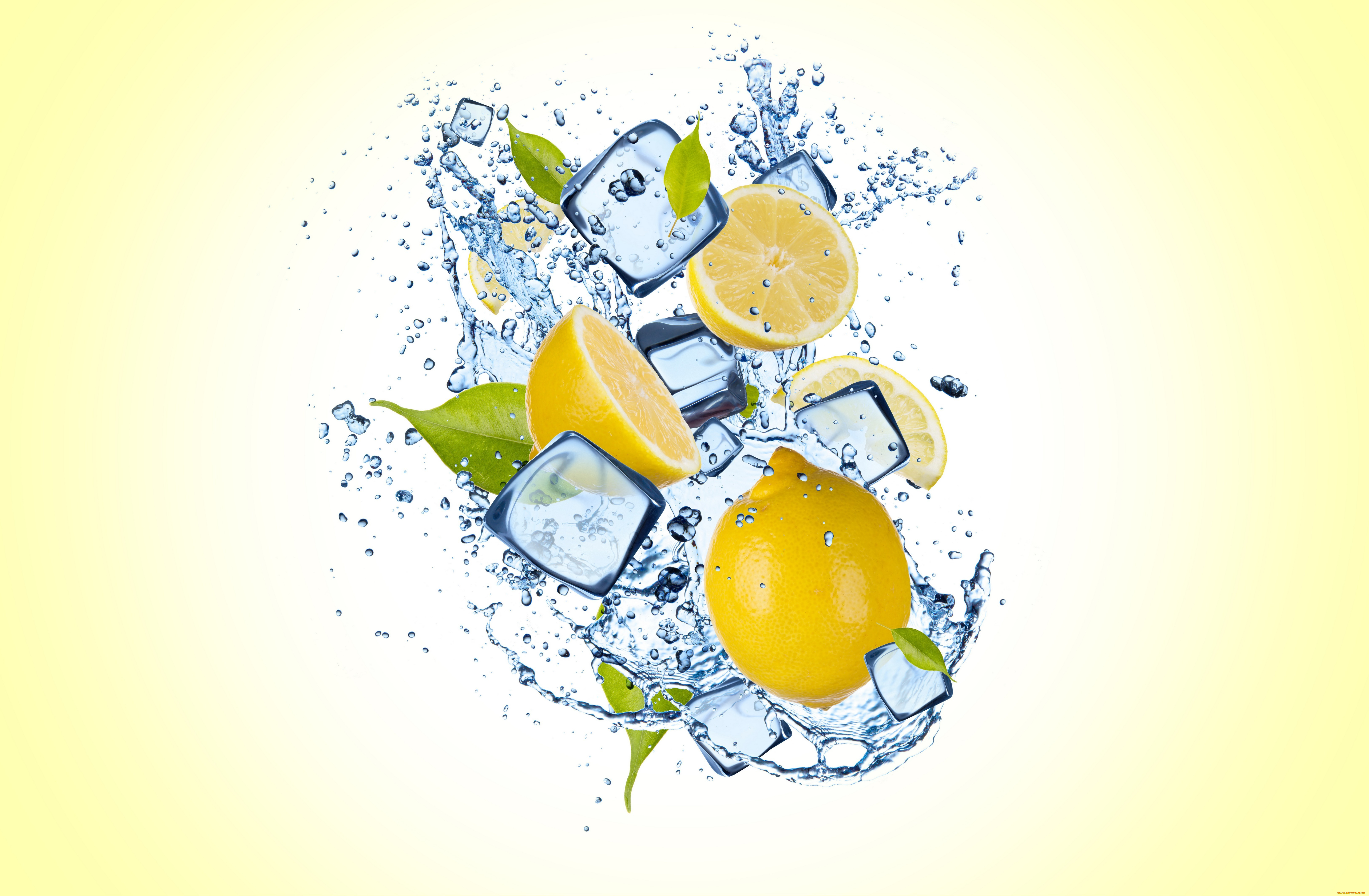 еда, цитрусы, lemon, slices, yellow, background, капли, вода, лед, желтый, фон, water, drops, ice, лимон, дольки