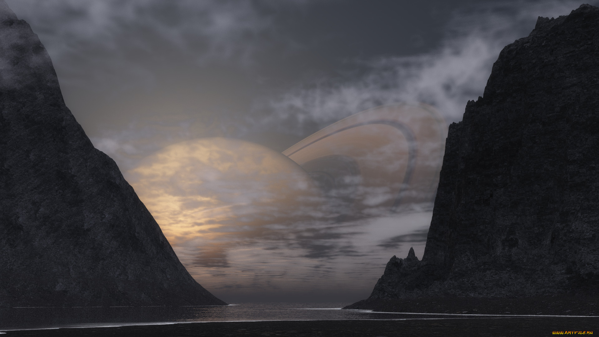 3д, графика, атмосфера, настроение, , atmosphere, , , mood, , планета, залив, скалы, кольца