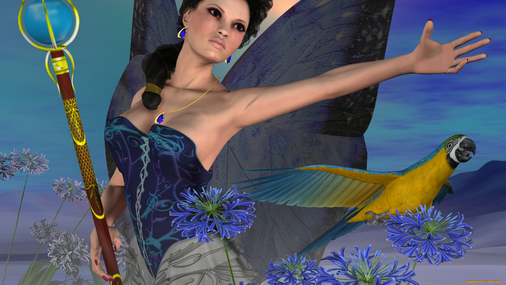 3д, графика, эльфы, , elves, шест, фон, взгляд, девушка, цветы, попугай