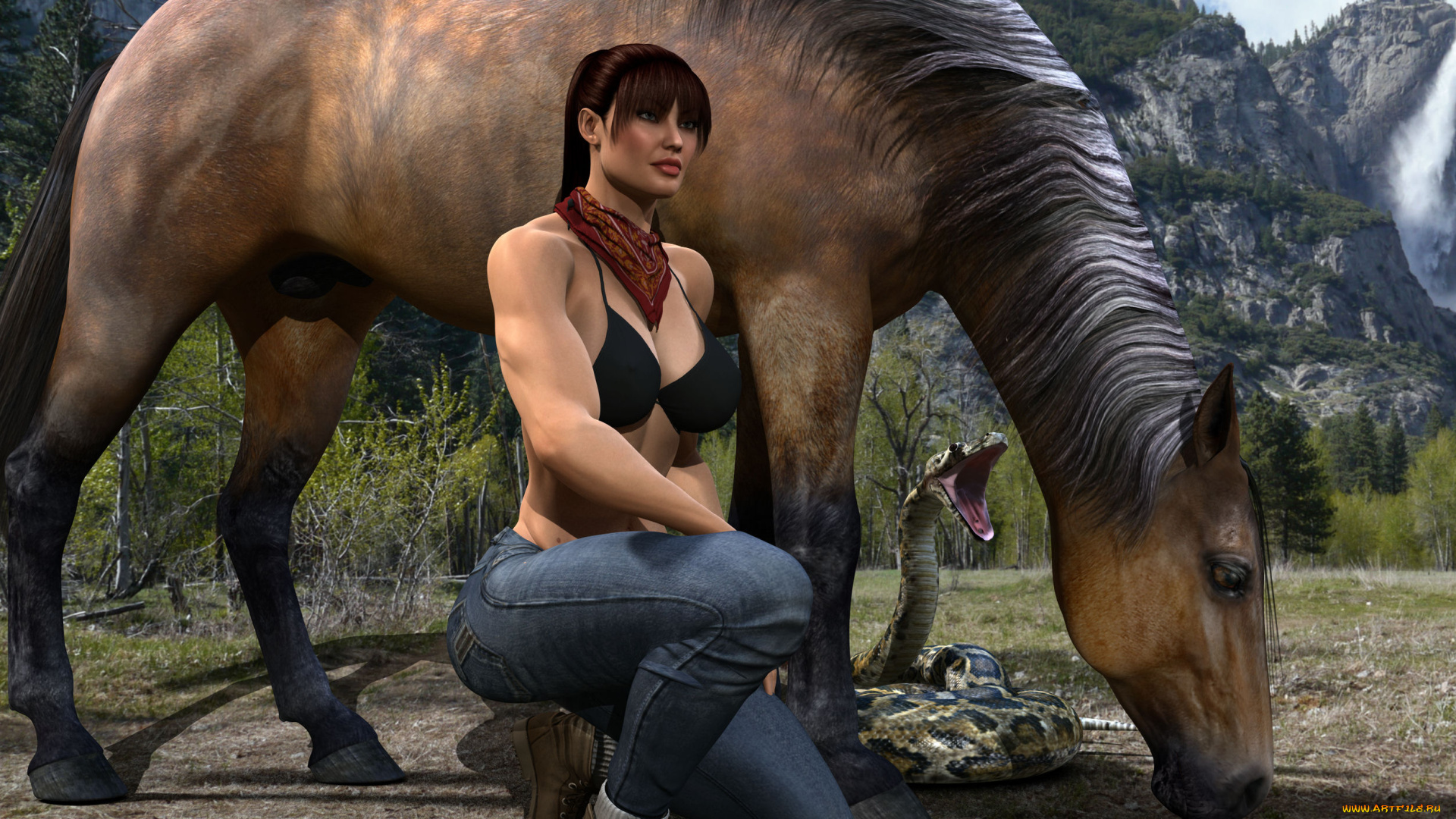 3д, графика, люди, , people, девушка, взгляд, фон, лошадь, горы, водопад