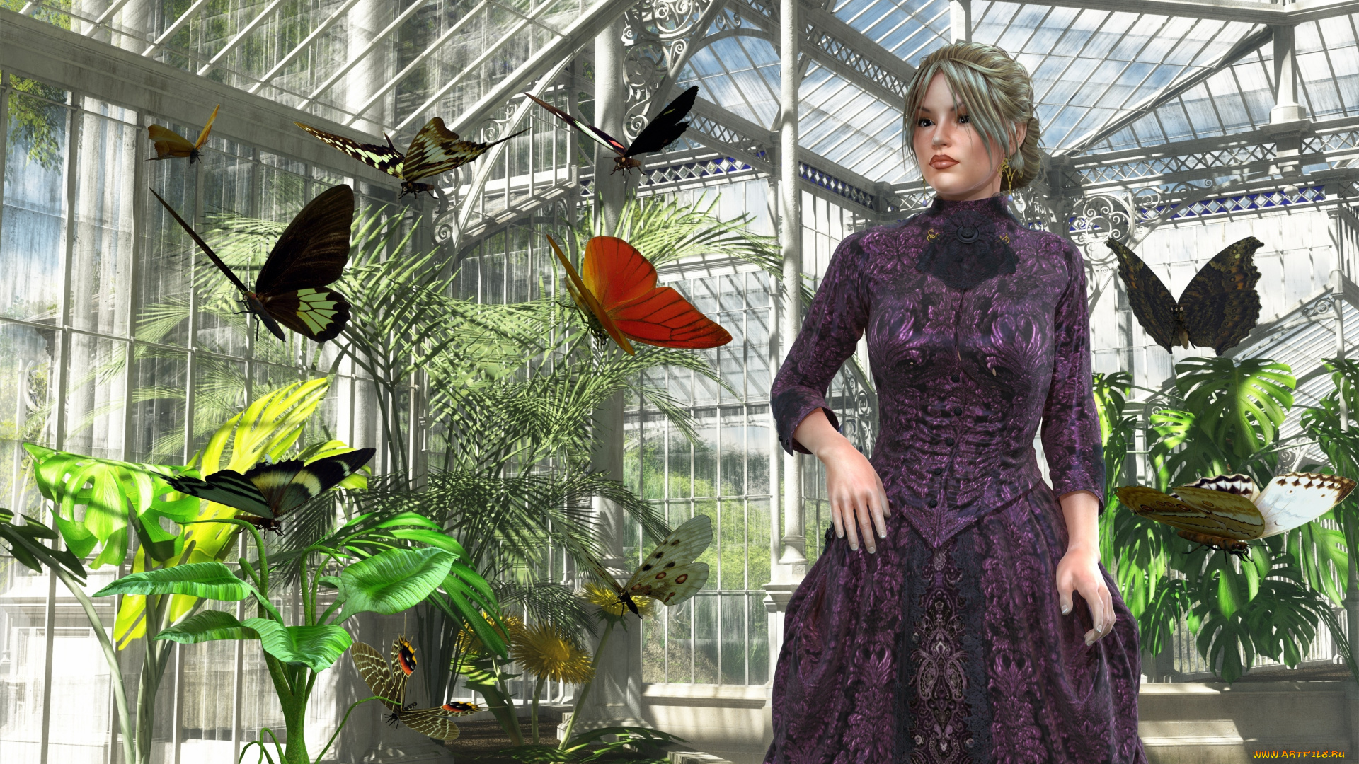 3д, графика, люди, , people, взгляд, девушка, фон, бабочки