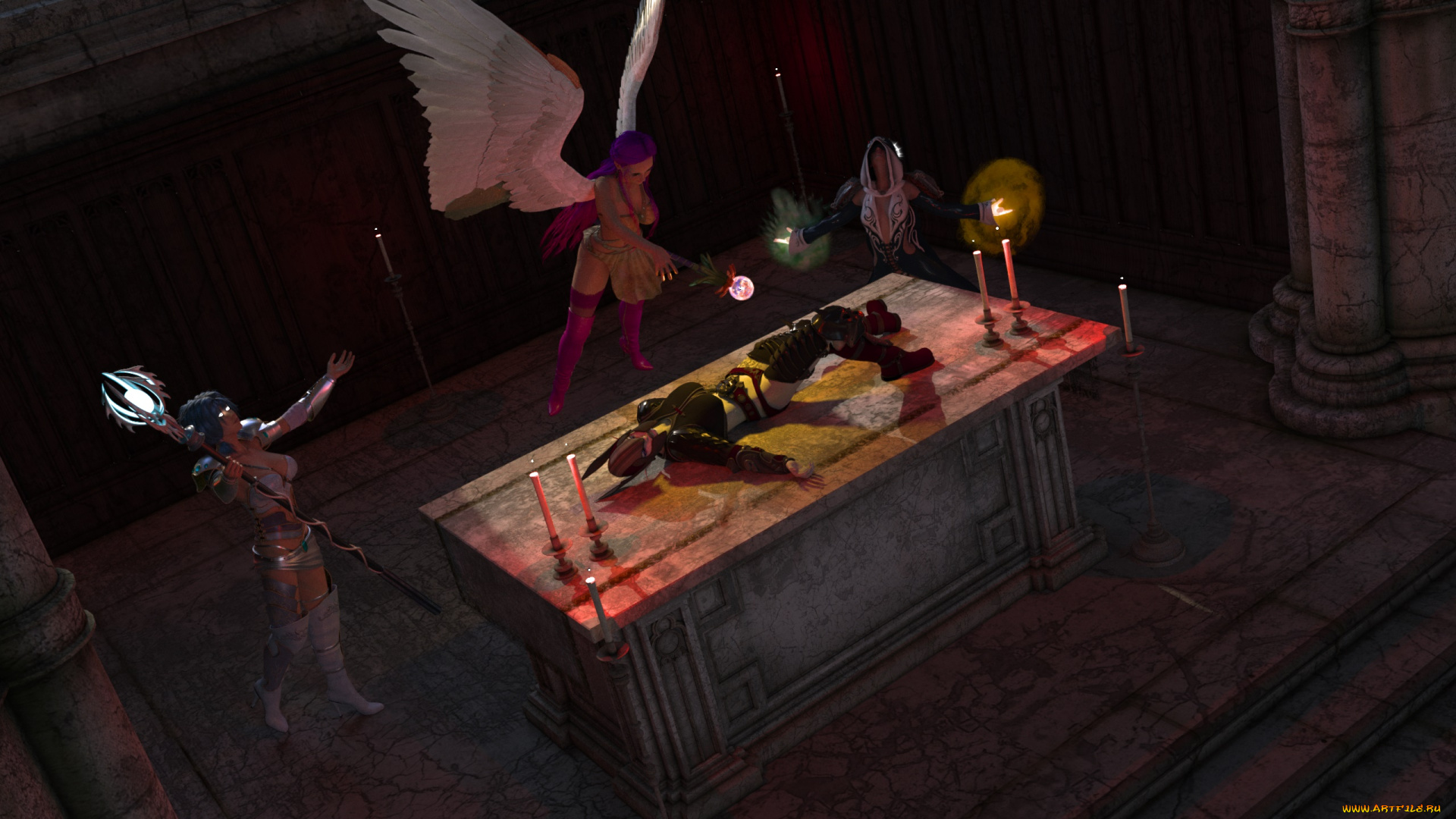 3д, графика, ужас, , horror, девушки, фон, ангел, магия, свечи