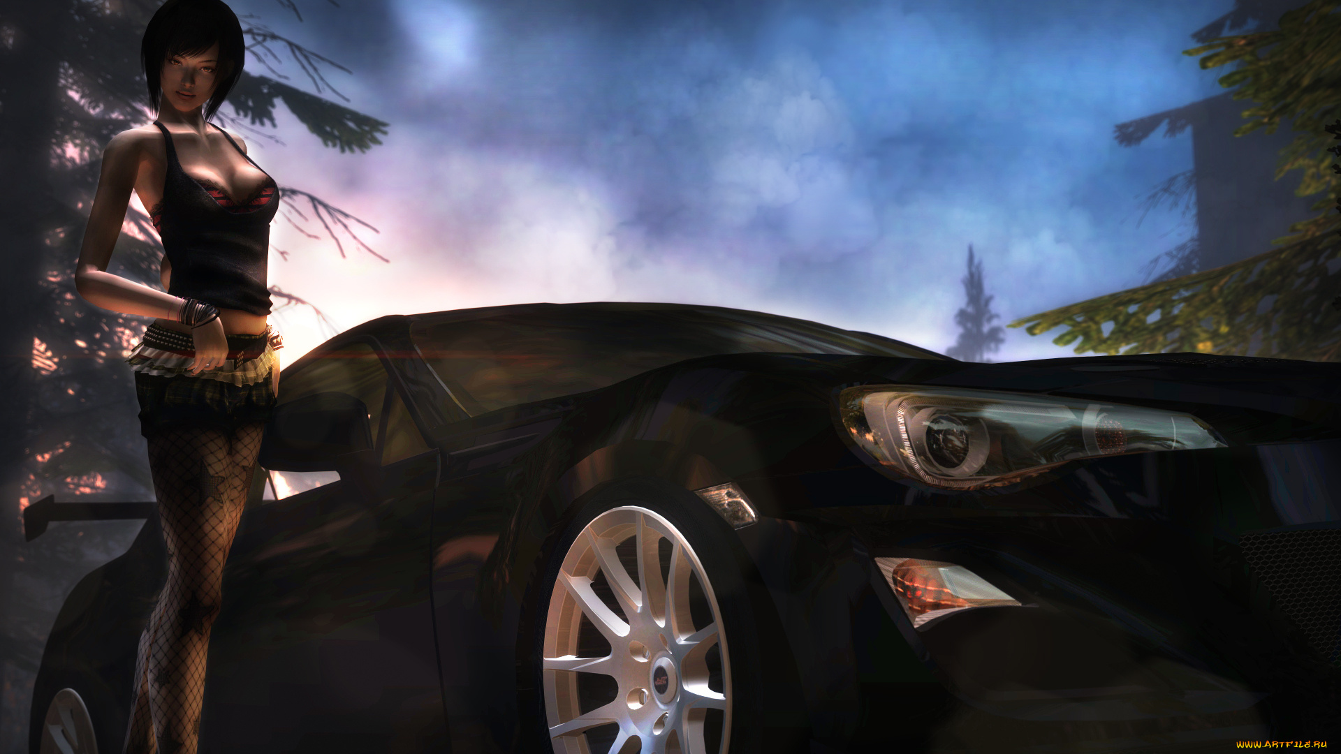 автомобили, 3d, car&girl, фон, автомобиль, взгляд, девушка