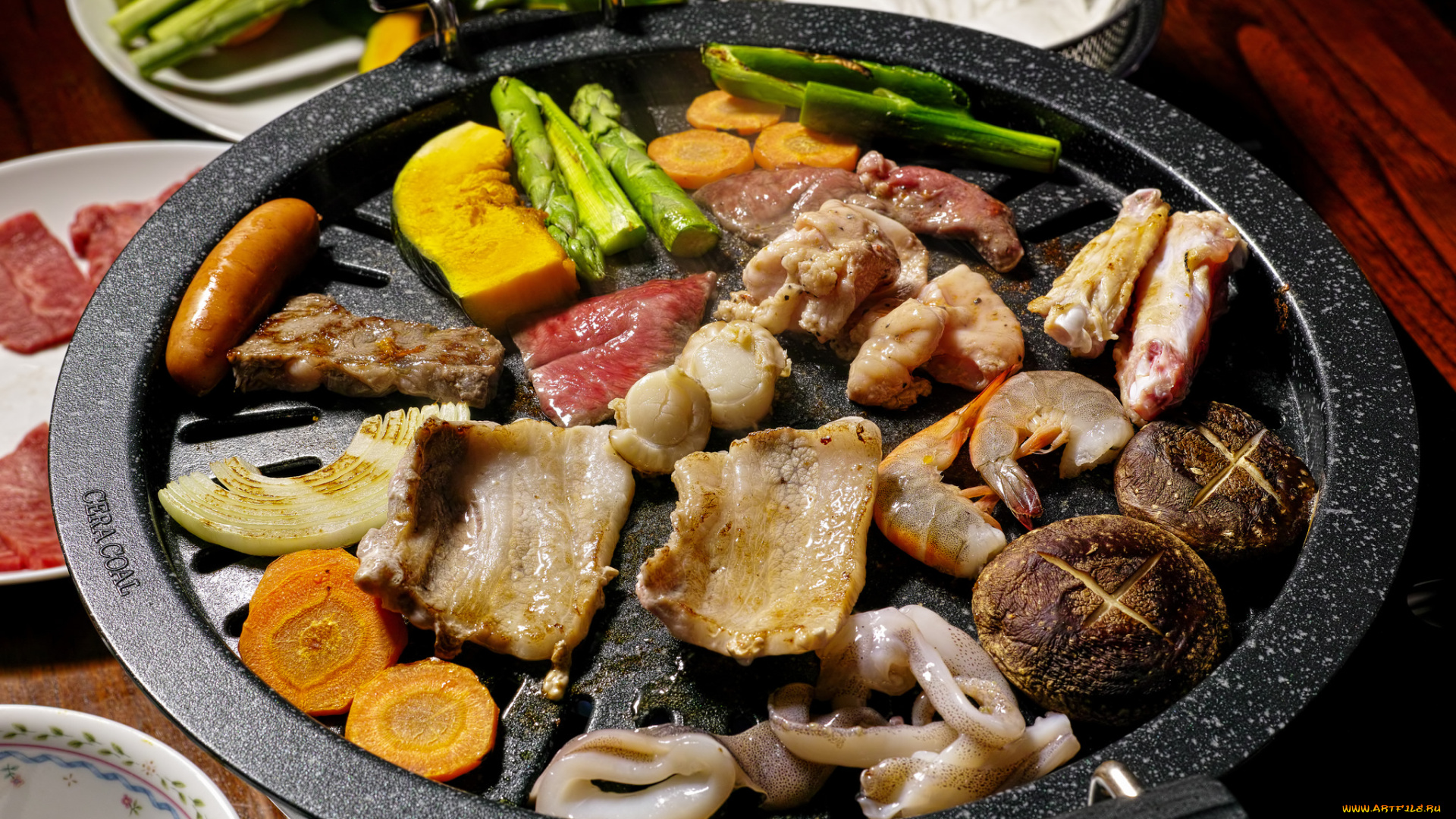 еда, рыбные, блюда, , с, морепродуктами, креветки, ветчина, овощи