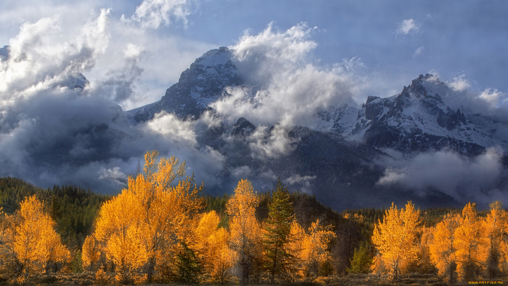природа, горы, осень, деревья, облака, скалистые, вайоминг, гранд-титон, rocky, mountains, wyoming, grand, teton, national, park