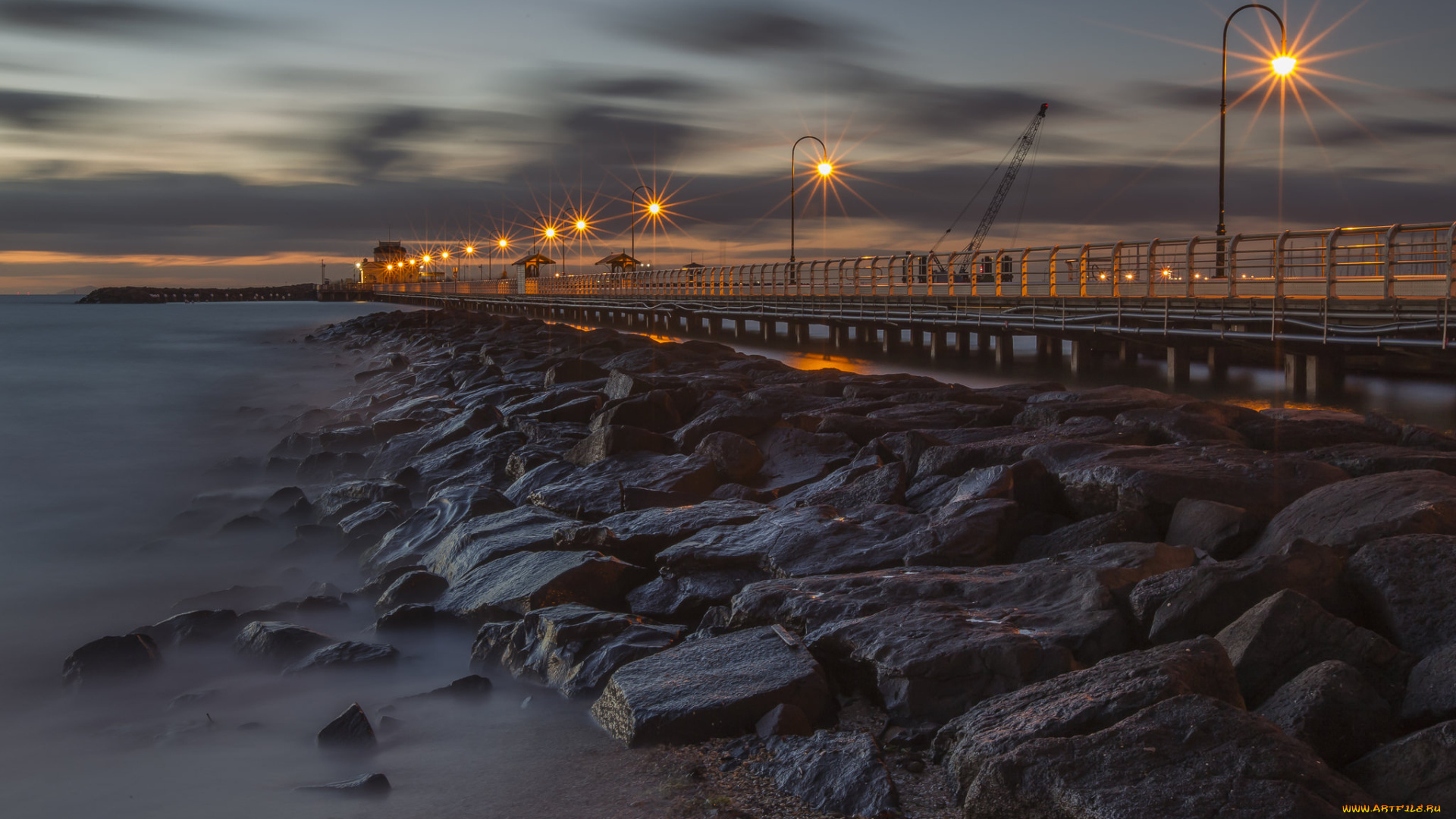 природа, побережье, ночь, фонари, мол
