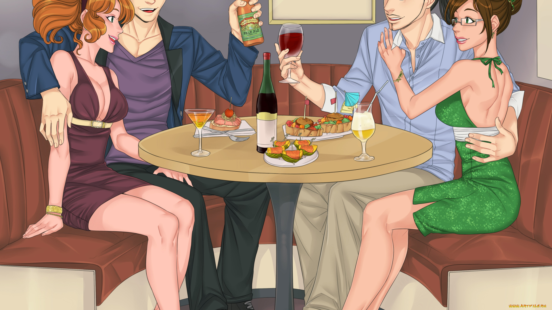 рисованное, люди, фон, девушки, взгляд, столик, диван, парни