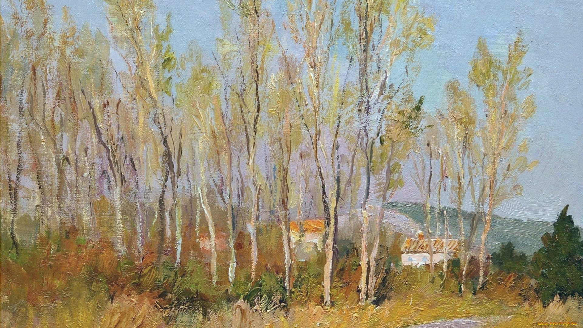 рисованное, живопись, дома, горы, деревья, countryside, in, provence, картина, марсель, диф, пейзаж