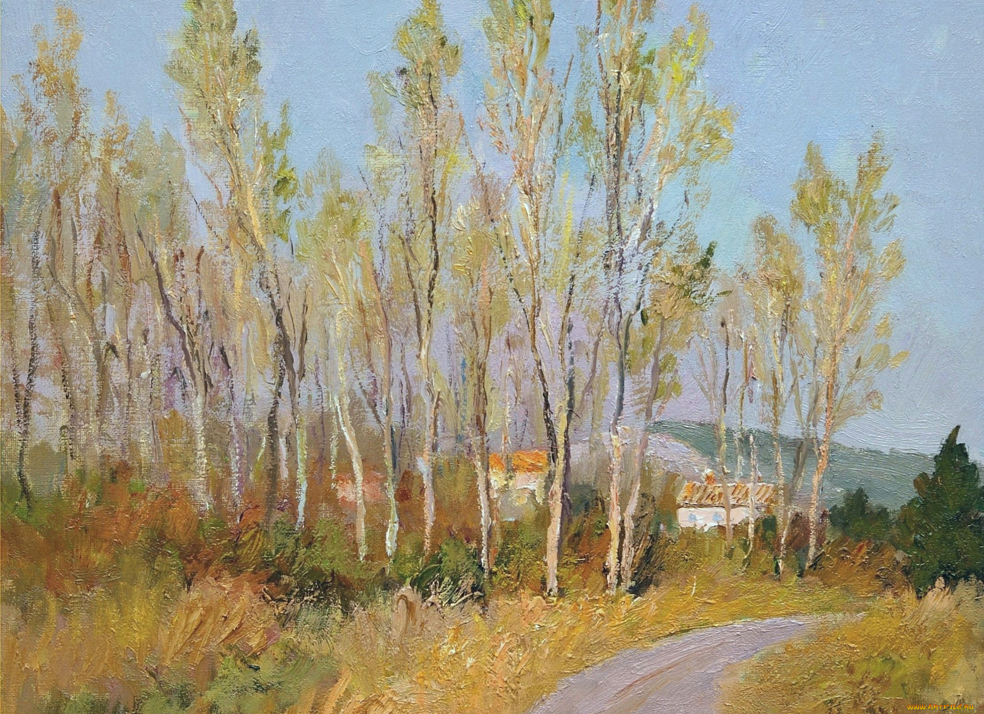 рисованное, живопись, дома, горы, деревья, countryside, in, provence, картина, марсель, диф, пейзаж
