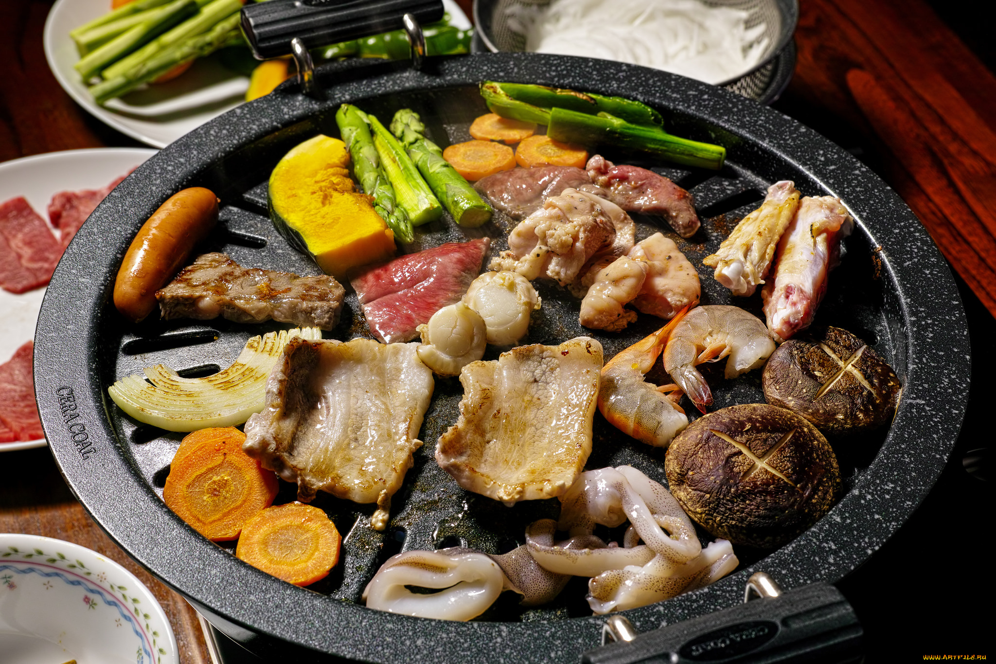 еда, рыбные, блюда, , с, морепродуктами, креветки, ветчина, овощи