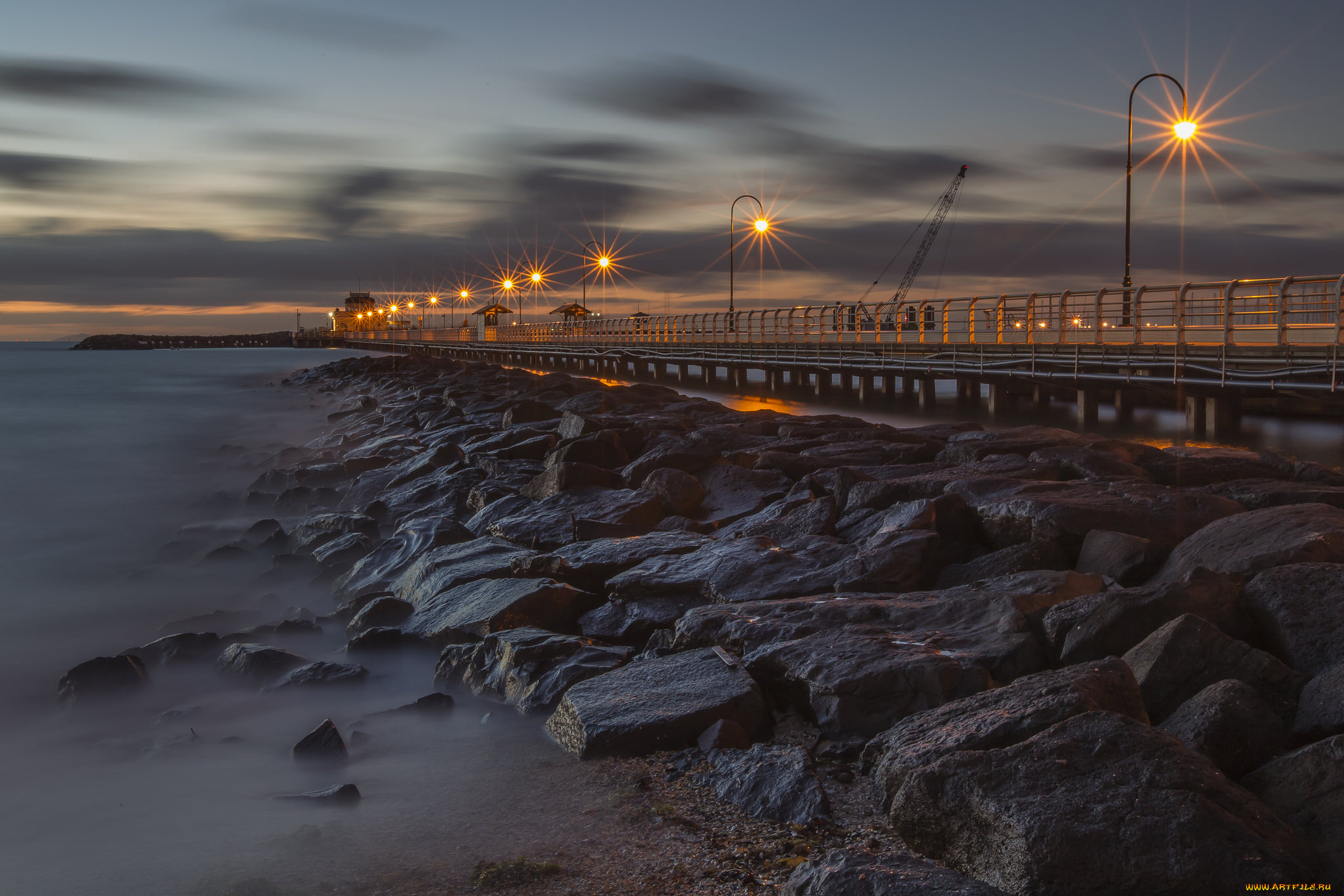 природа, побережье, ночь, фонари, мол