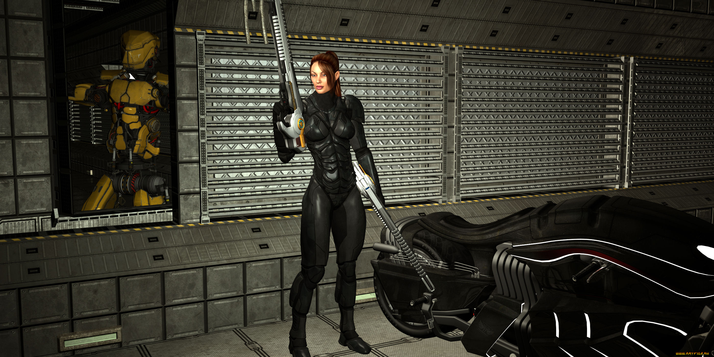 3д, графика, люди, , people, девушка, взгляд, фон, оружие, мотоцикл