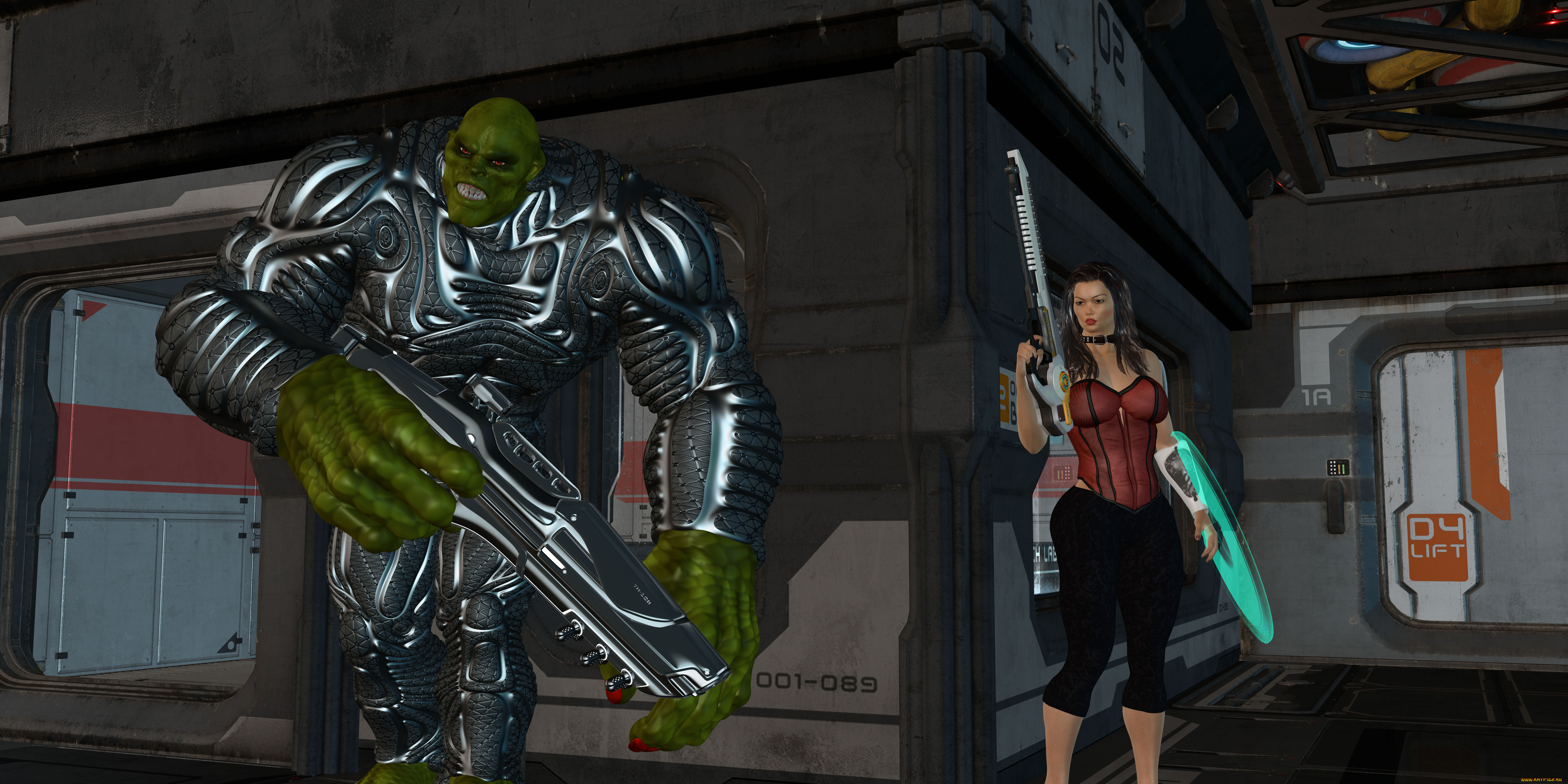 3д, графика, фантазия, , fantasy, девушка, взгляд, фон, оружие, халк