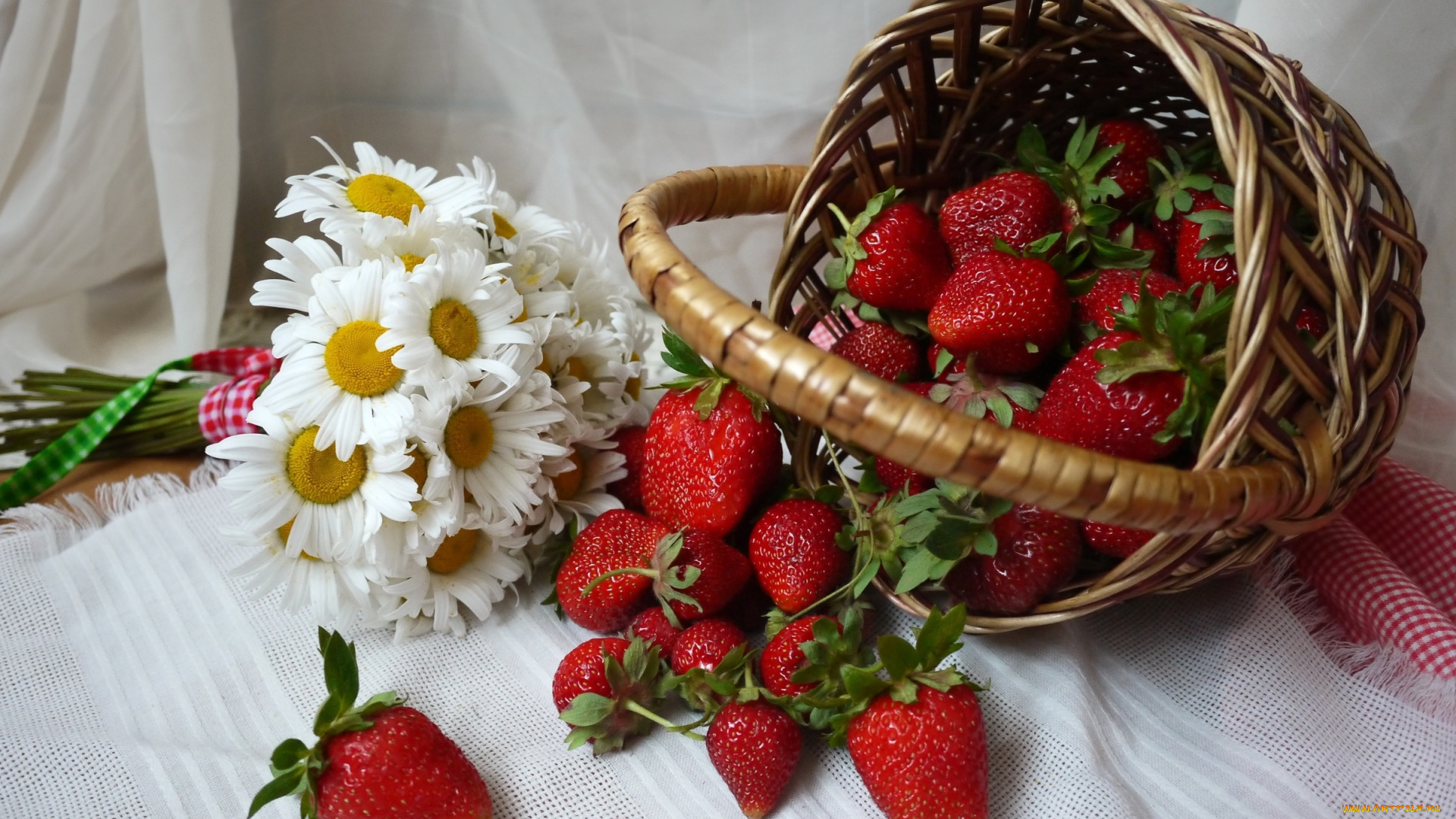 еда, клубника, , земляника, ромашки