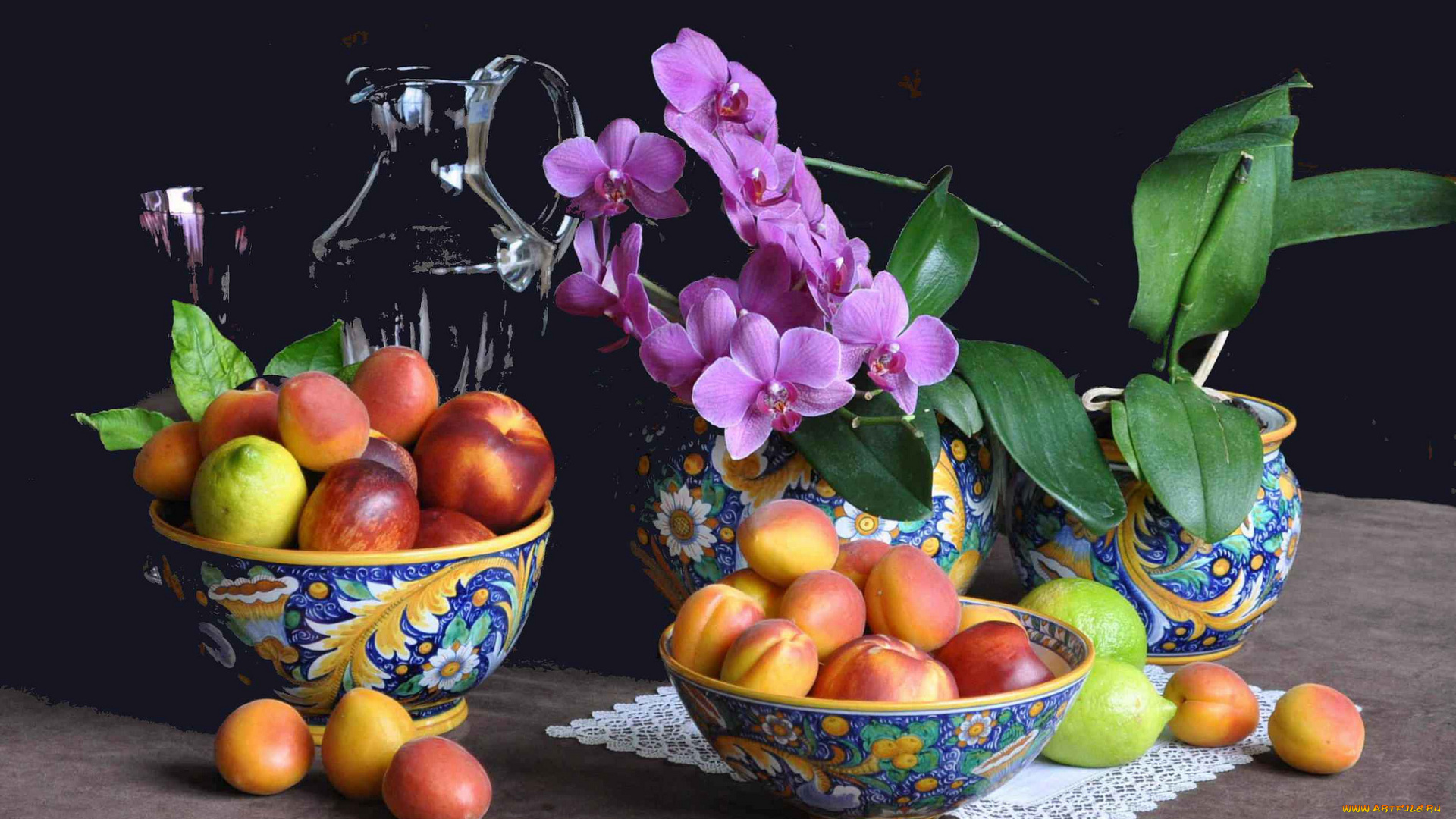 еда, натюрморт, фрукты, цветы
