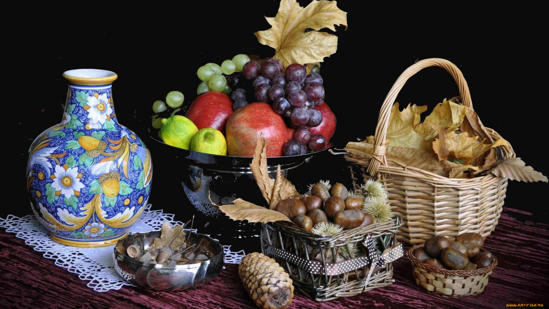 еда, натюрморт, корзинка, ваза, фрукты