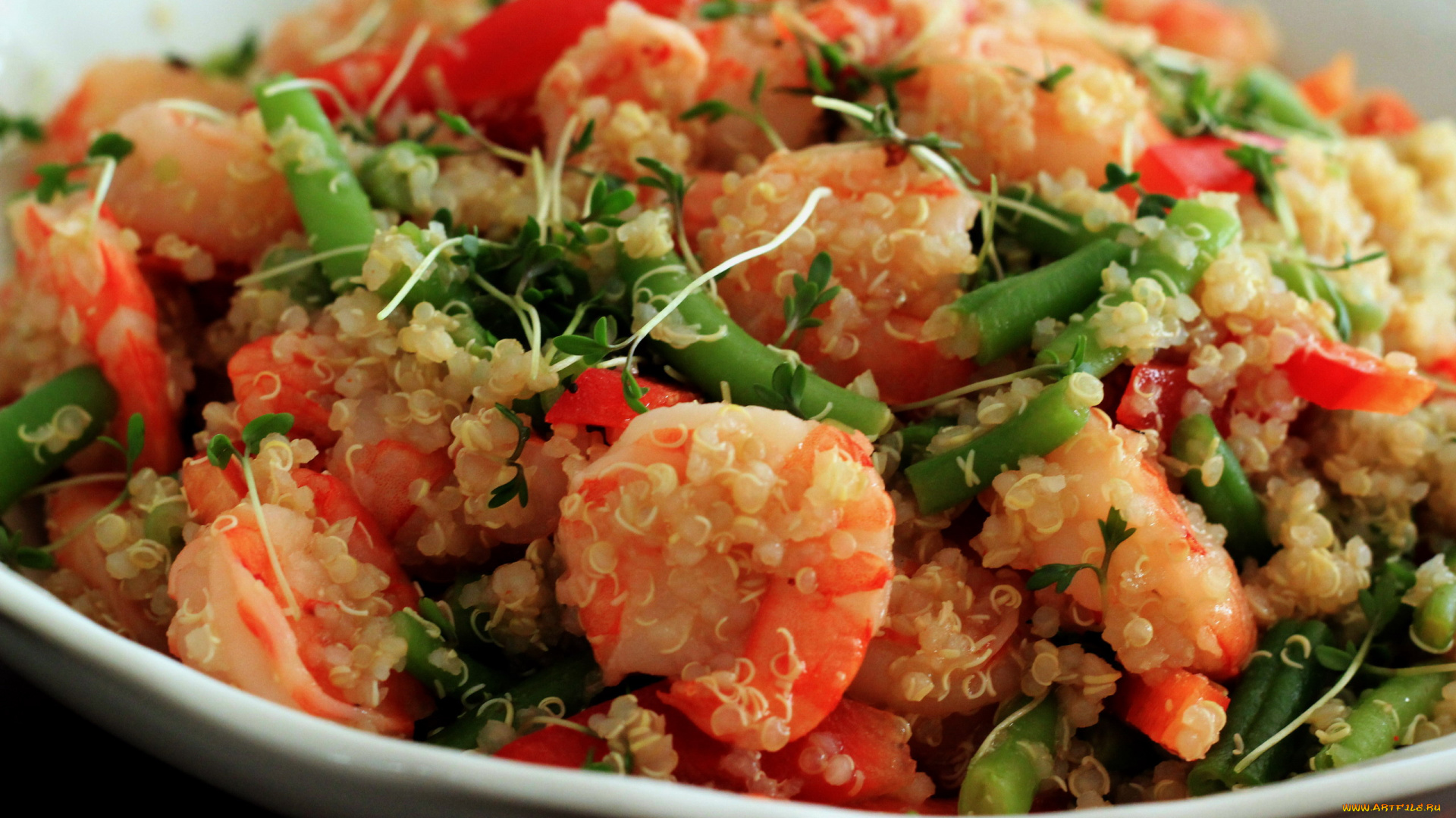 еда, рыбные, блюда, , с, морепродуктами, фасоль, киноа, креветки