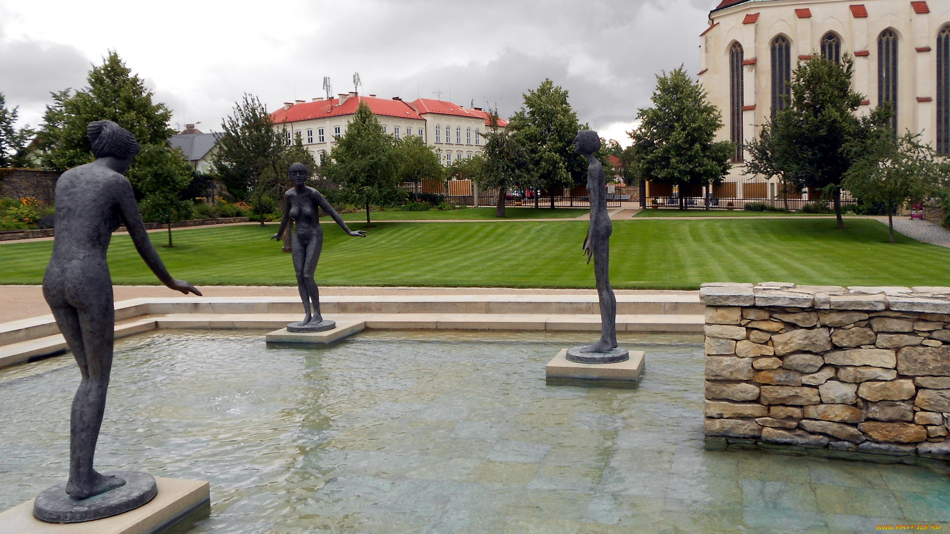 разное, садовые, и, парковые, скульптуры, фигуры, бассейн, лужайка, обнаженные, девушки, купальщицы