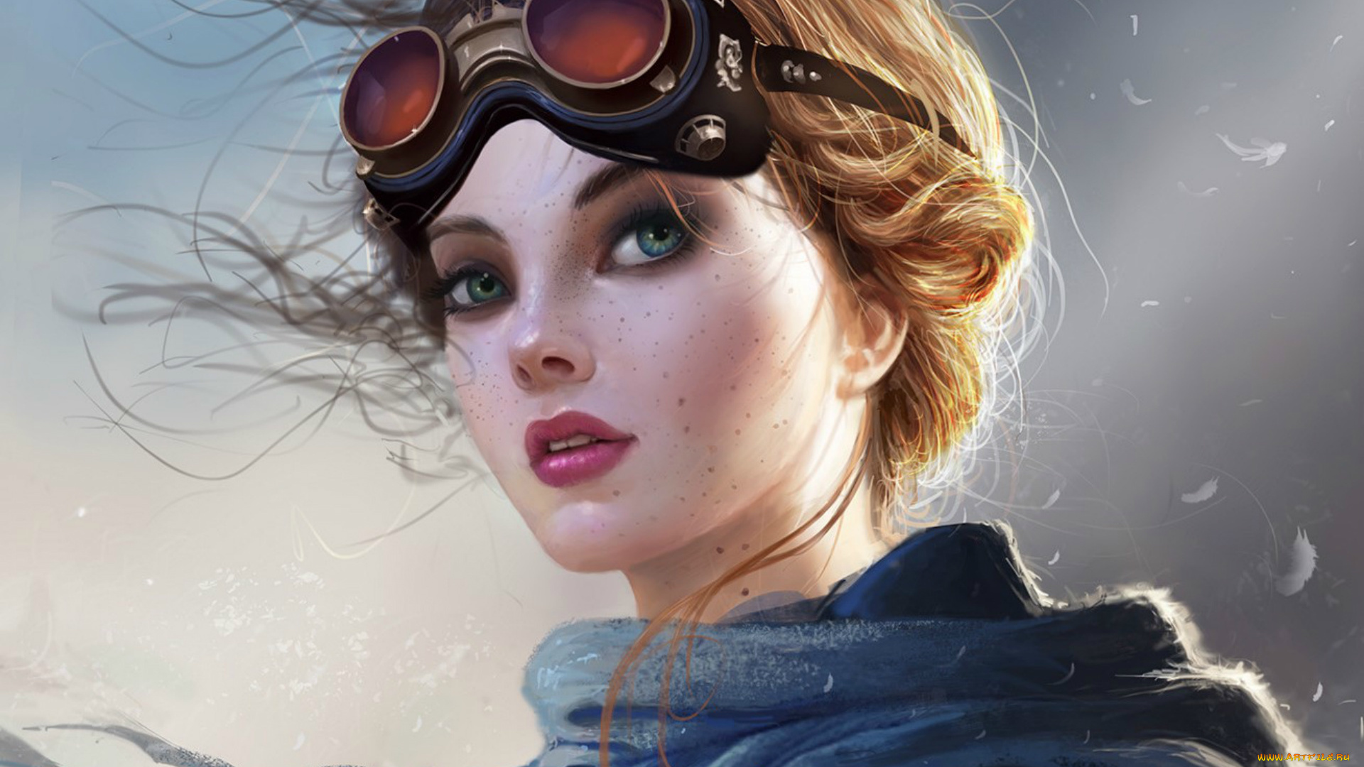 рисованное, люди, очки, шарф, девушка