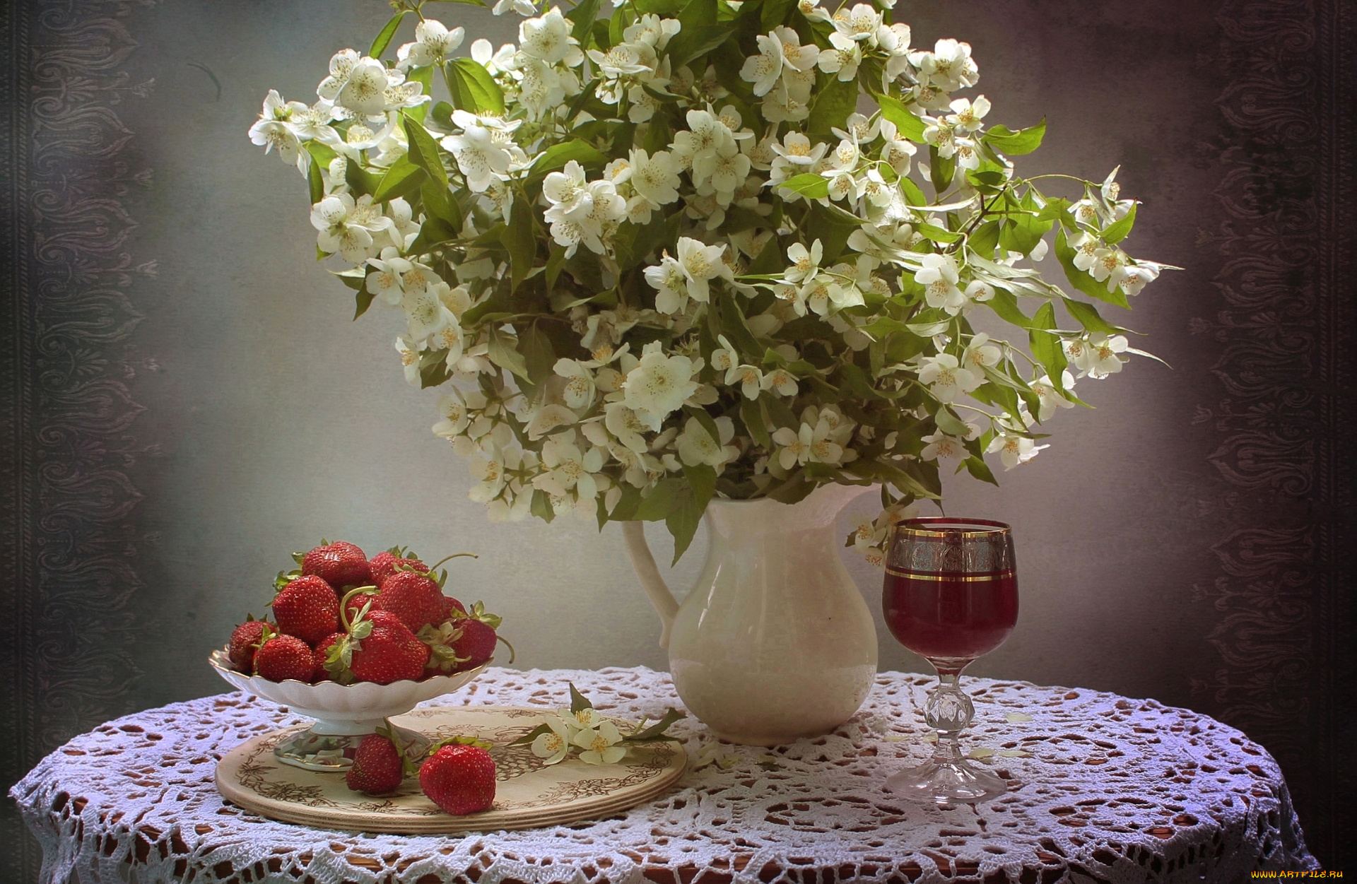 еда, натюрморт, клубника, жасмин