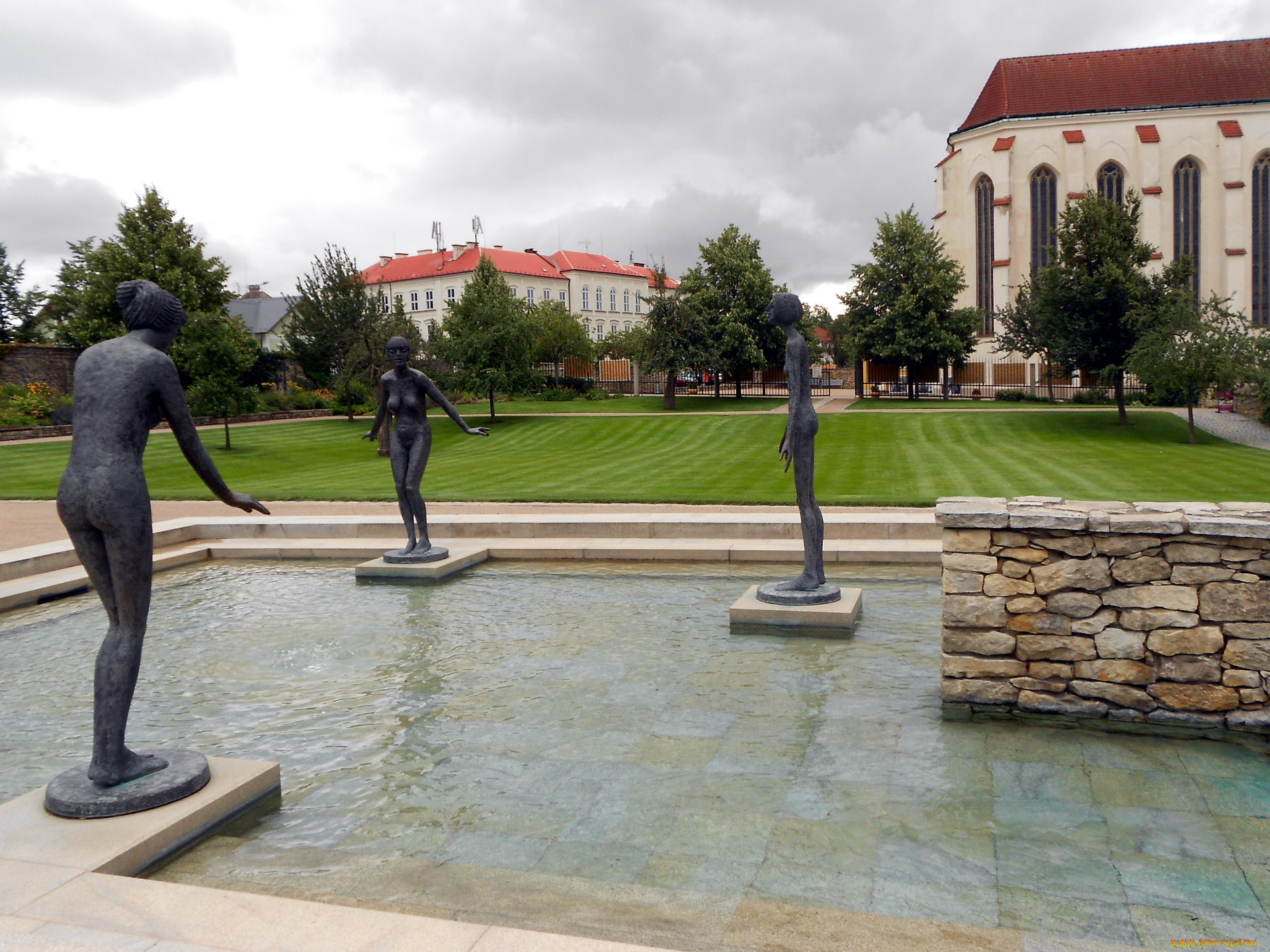 разное, садовые, и, парковые, скульптуры, фигуры, бассейн, лужайка, обнаженные, девушки, купальщицы